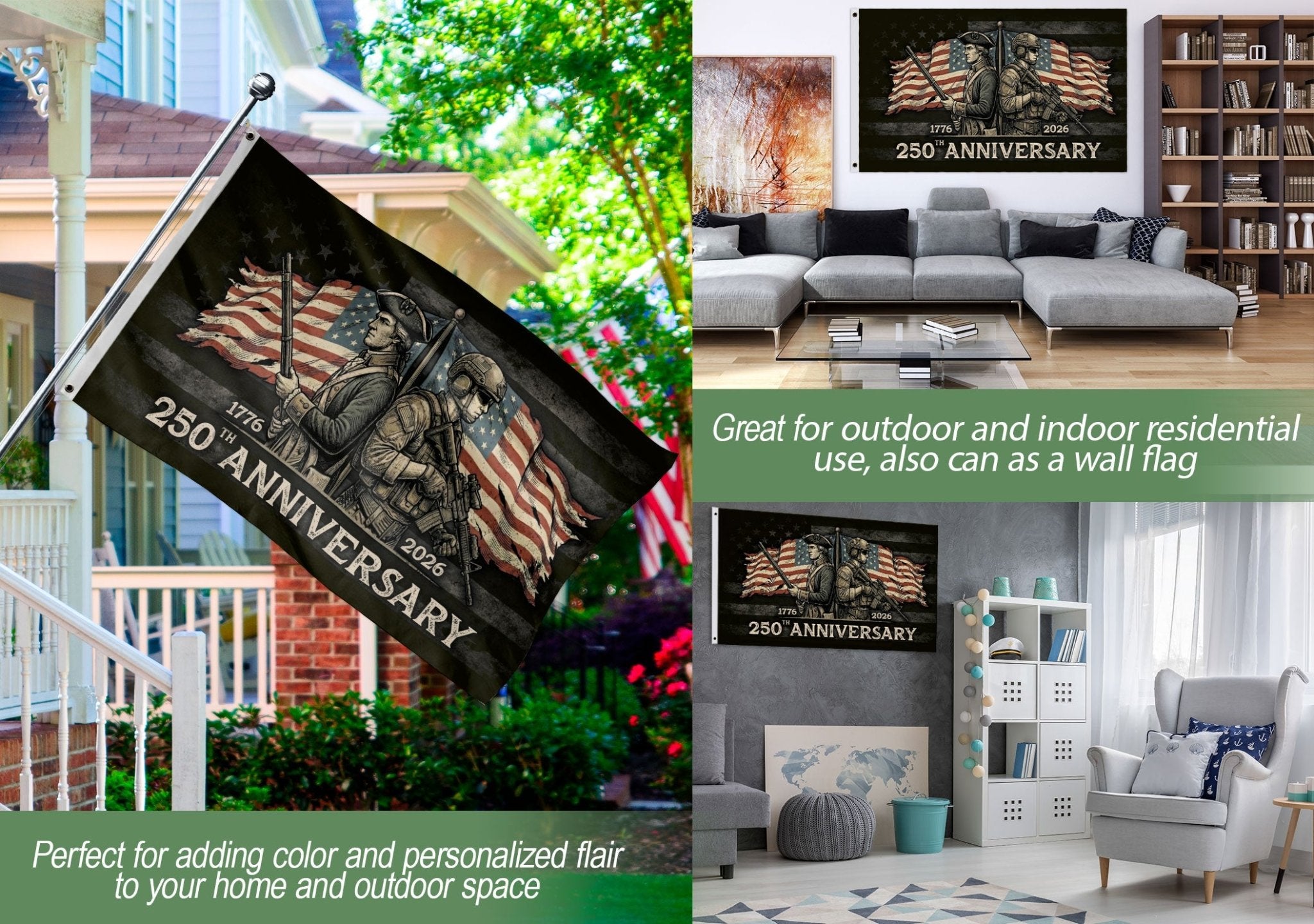250 Years America Anniversary Flag 1776-2026 - Revolutionary & Modern Soldier Patriotic Flag, Double Sided Heritage Banner - Rust Field Wear