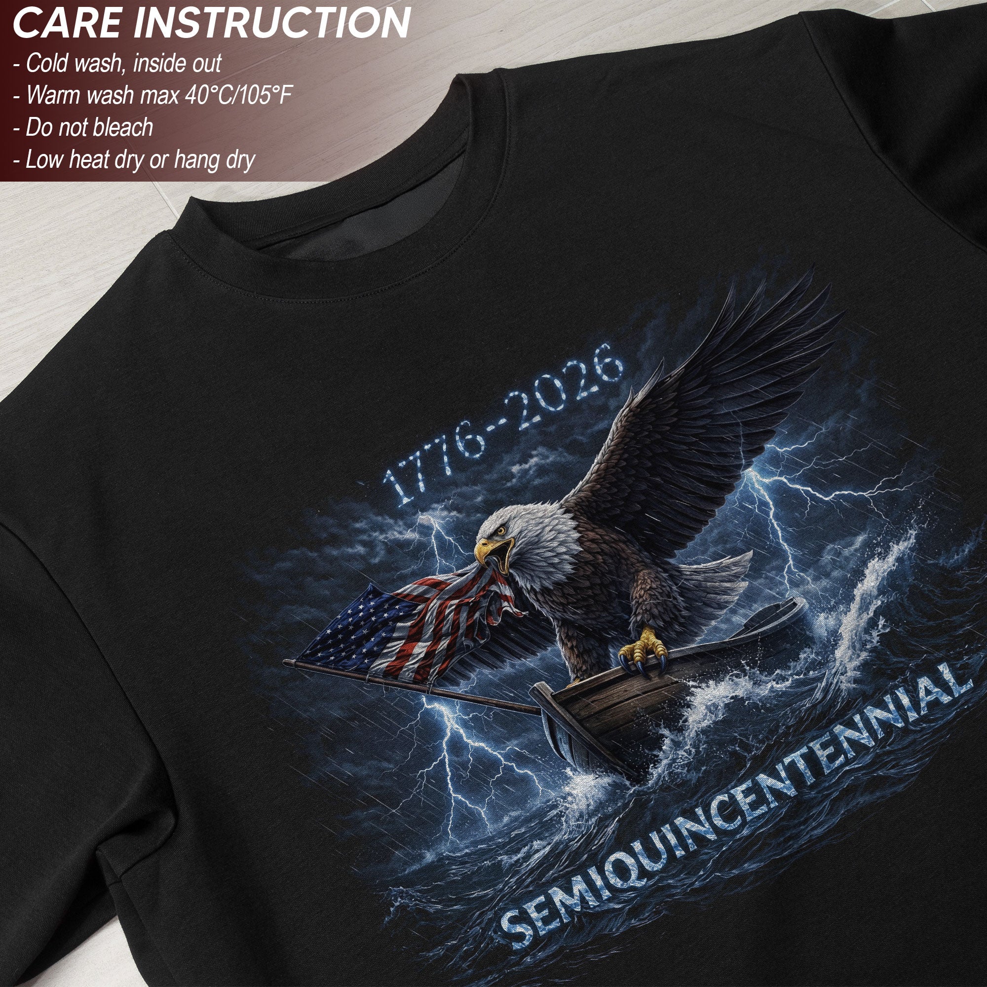 1776–2026 Semiquincentennial Bootleg Eagle Tee – Storm Flag Graphic 250 Years of America