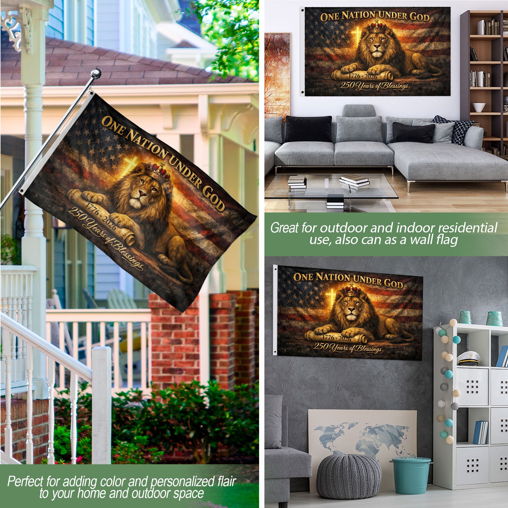 Lion of Judah American Heritage Flag - 250 Years of Blessings Patriotic Banner, One Nation Under God Double Sided 1776-2026 Flag