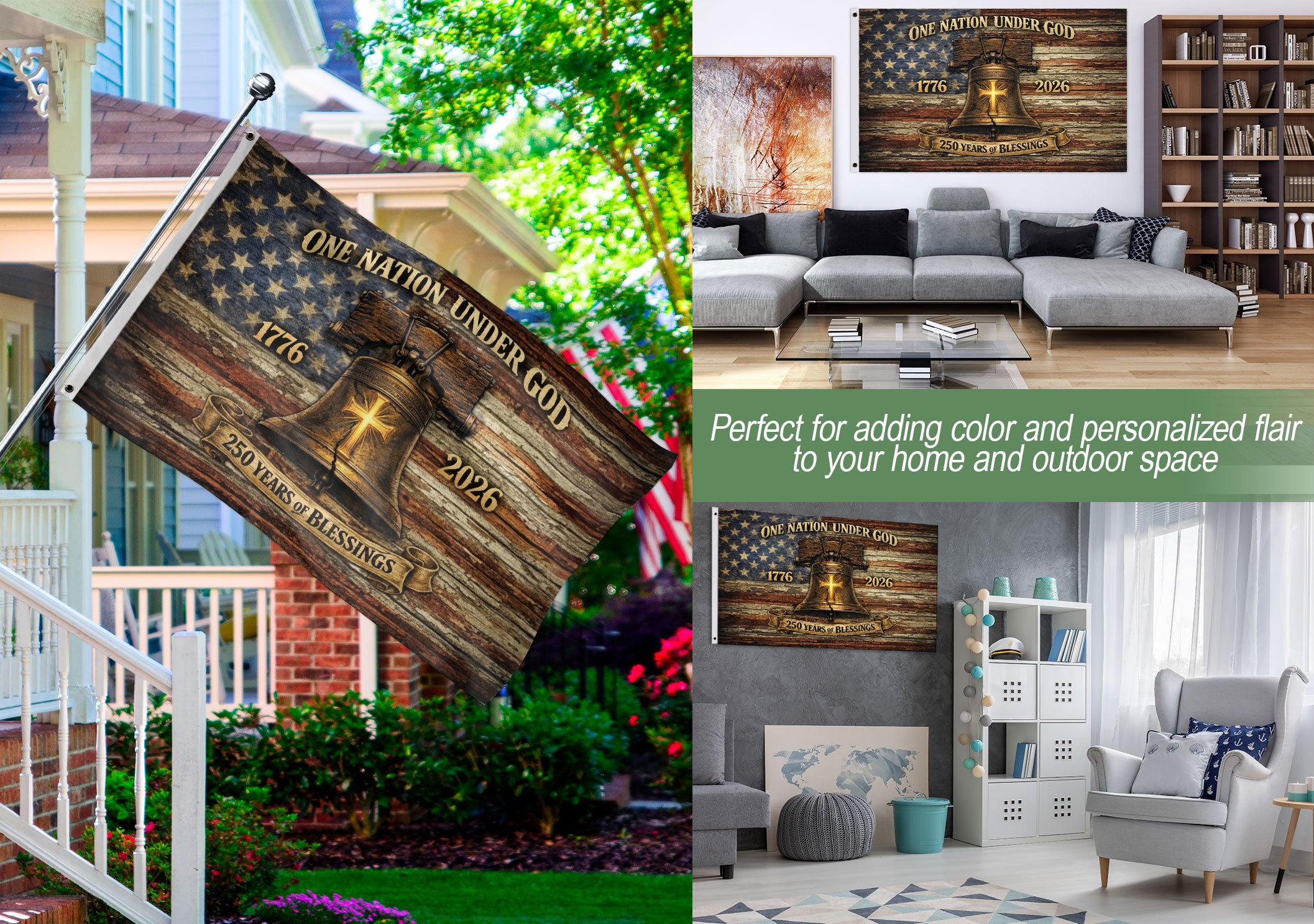 One Nation Under God America 250th Anniversary Flag - 250 Years of Blessings Liberty Bell & Cross Design, 1776-2026 Patriotic Double Sided Flag