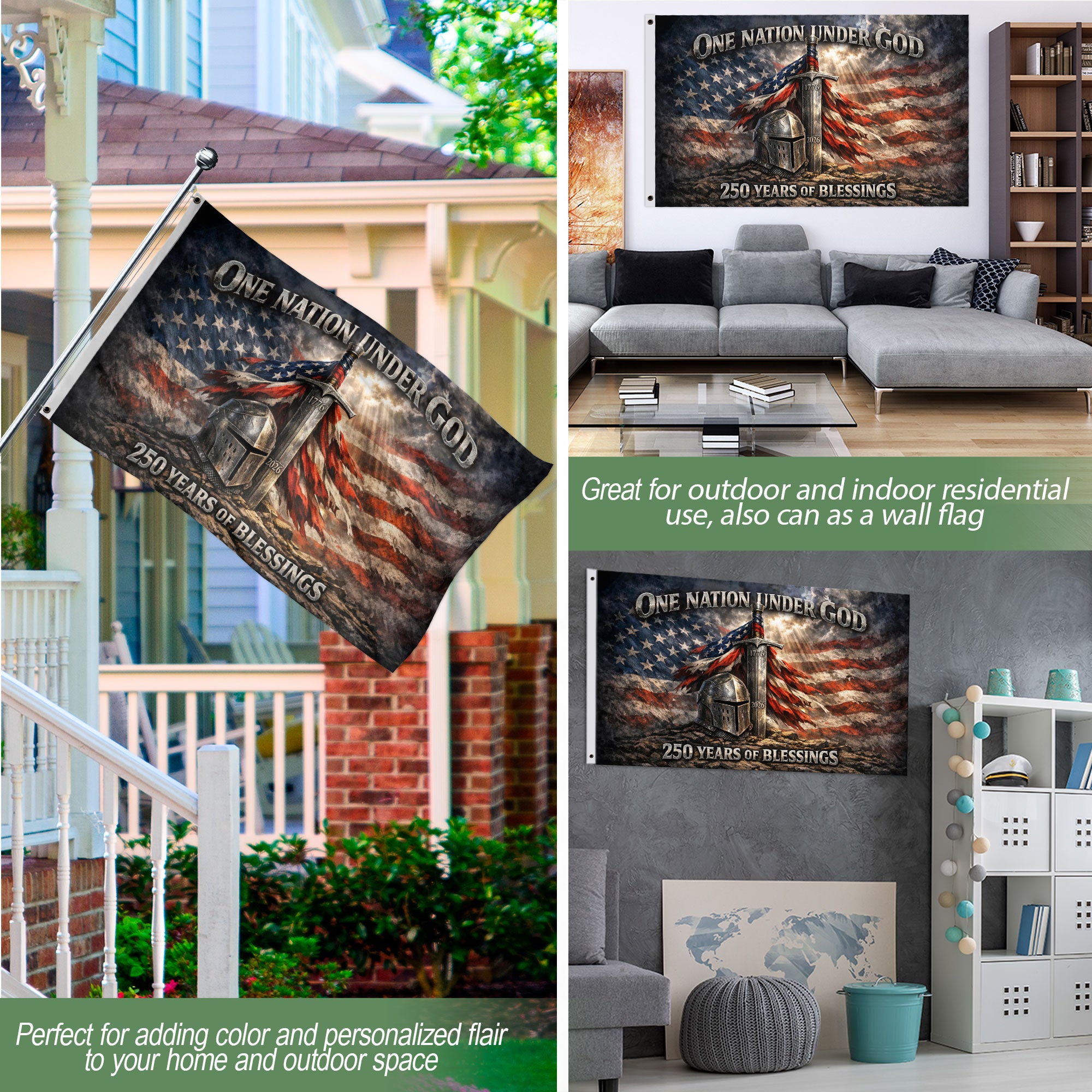 Christian Patriotic One Nation Under God USA 250th Birthday Flag - 250 Years of Blessings, Double Sided Flag