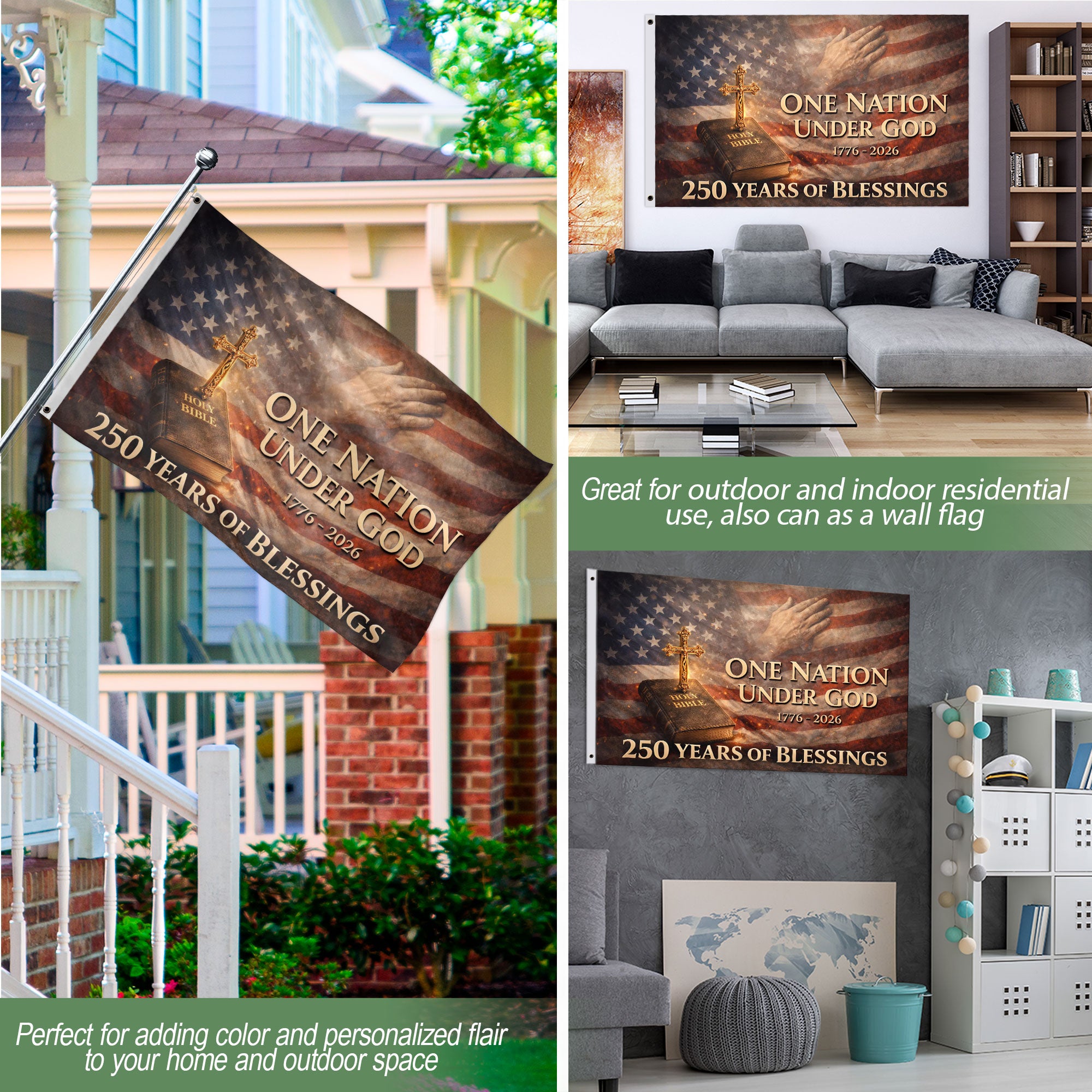 One Nation Under God 250th Anniversary 1776-2026 Patriotic Double Sided House Flag - 250 Years of Blessings Holy Bible & Cross Banner