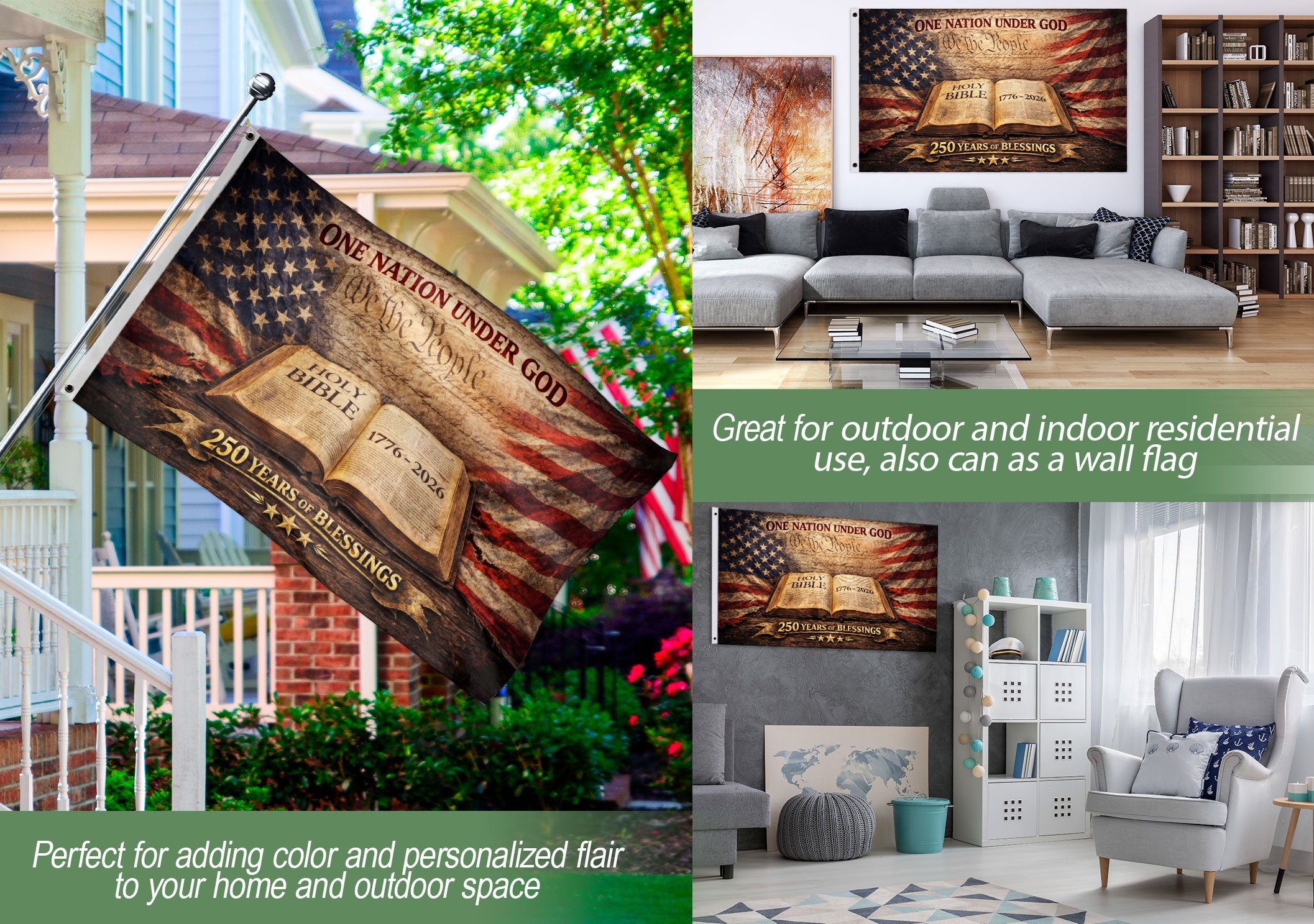 One Nation Under God 250th Anniversary Flag (1776–2026) – Holy Bible and We the People Patriotic Christian Banner