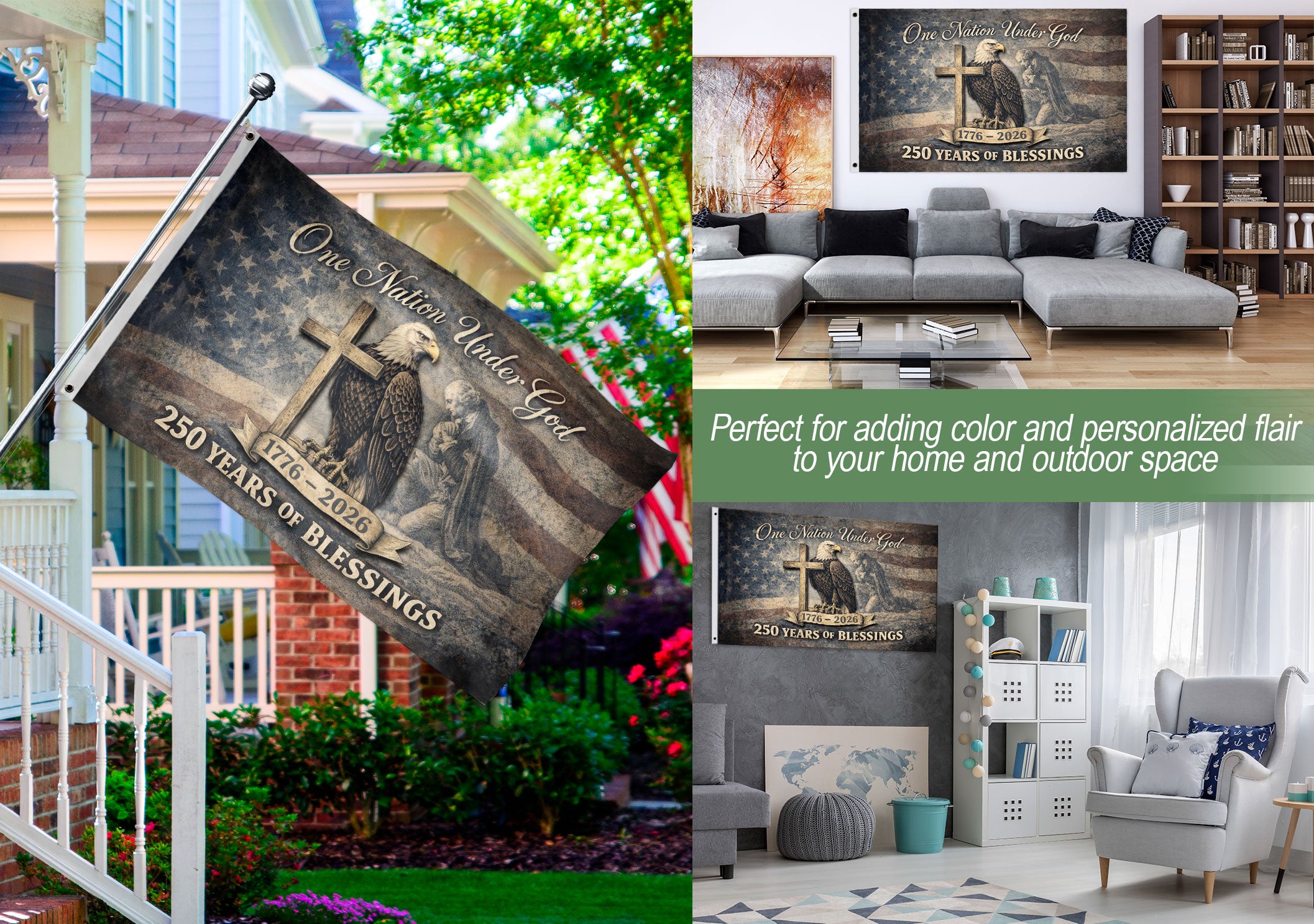 250th Anniversary Cross & Eagle, One Nation Under God 250 Years of Blessings USA Flag - Double Sided Premium House Flag