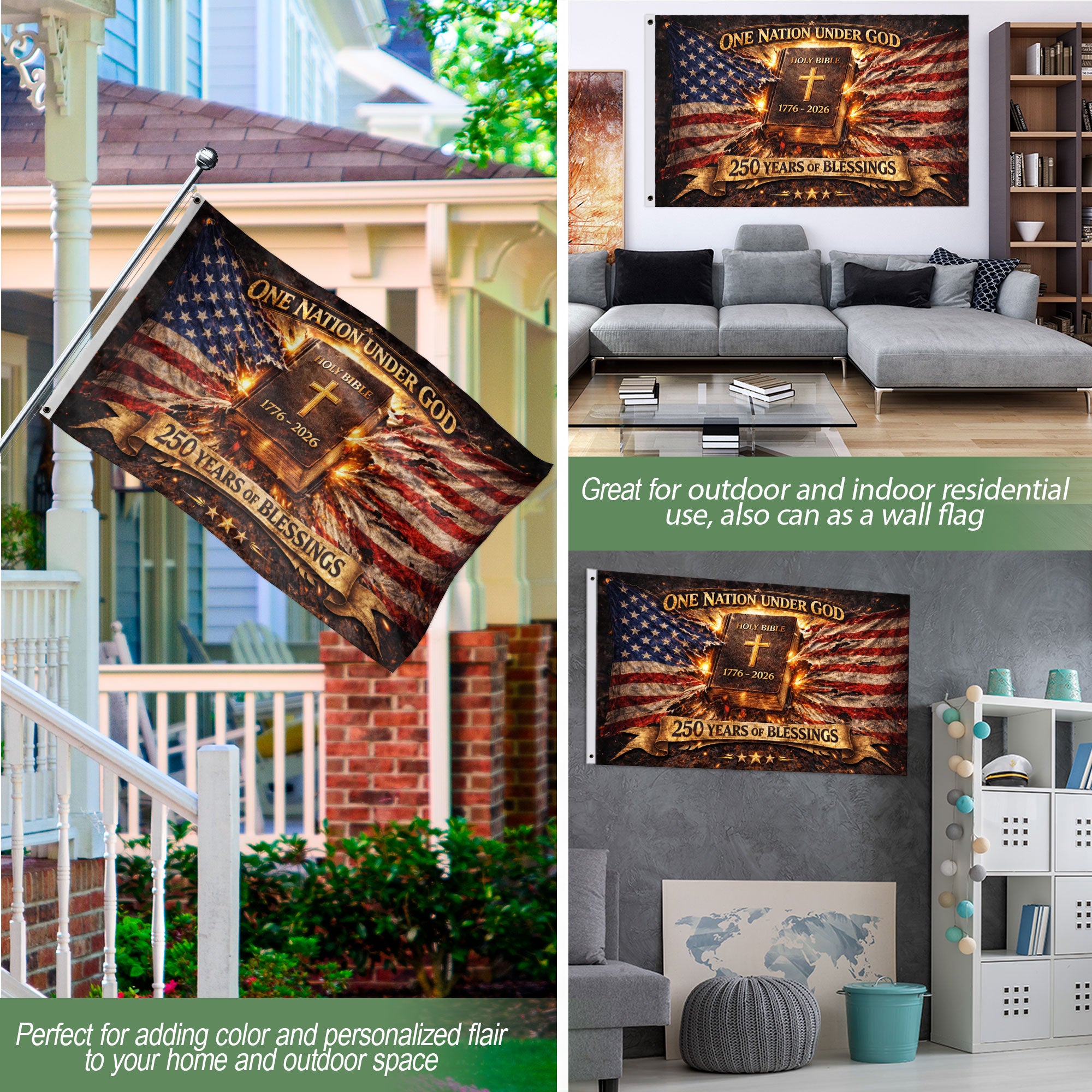 1776-2026 One Nation Under God 250th Anniversary Flag, 250 Years of Blessings & Holy Bible America Semiquincentennial - Double Sided Christian USA House Flag