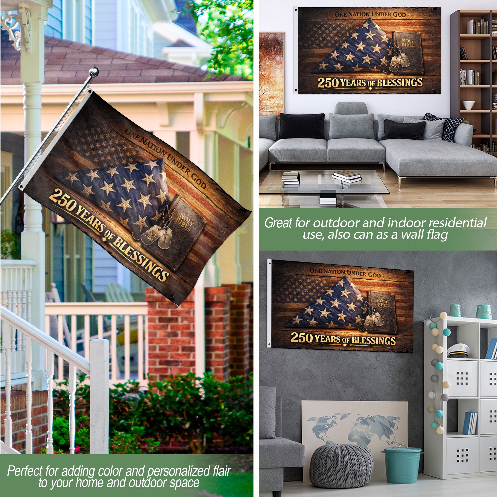 Christian 250 Years America Anniversary Flag, Holy Bible & One Nation Under God 1776-2026 - Double Sided Faith House Banner