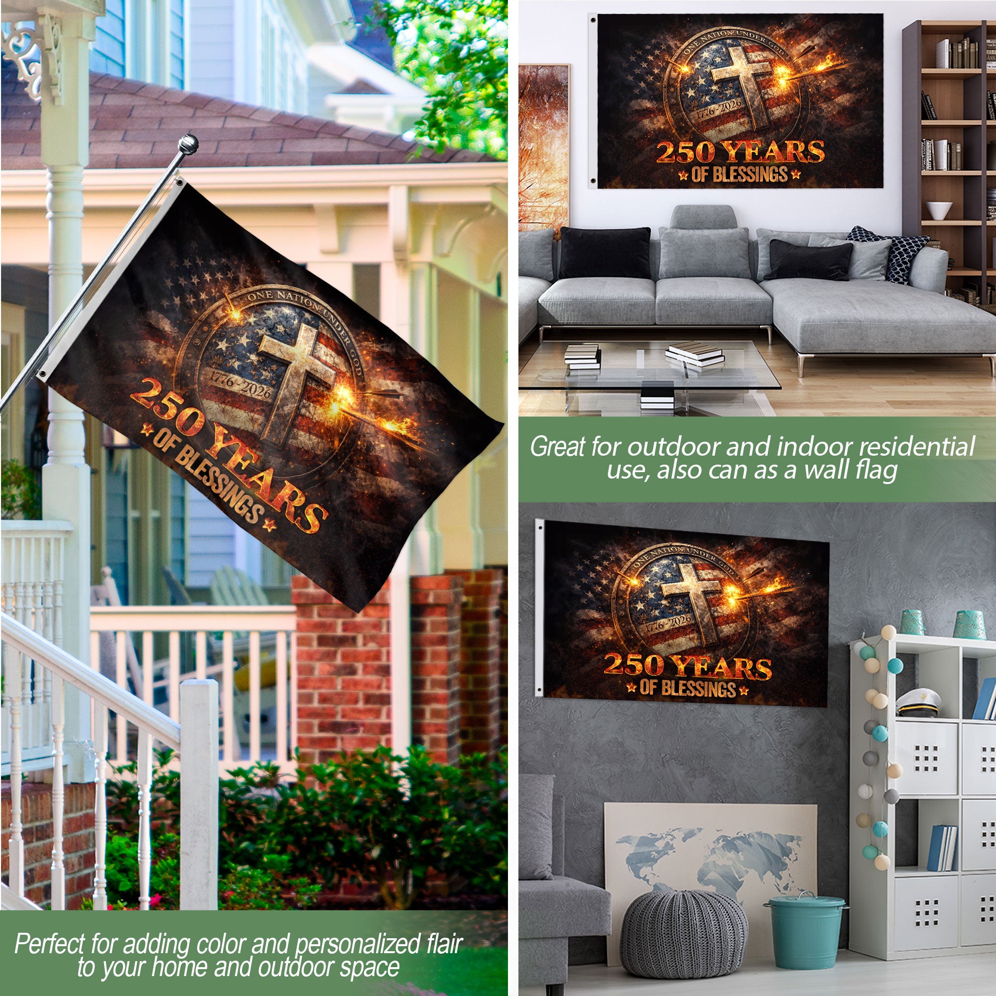 Christian 250 Years America Anniversary Flag - One Nation Under God 1776-2026, Double Sided Faith House Banner
