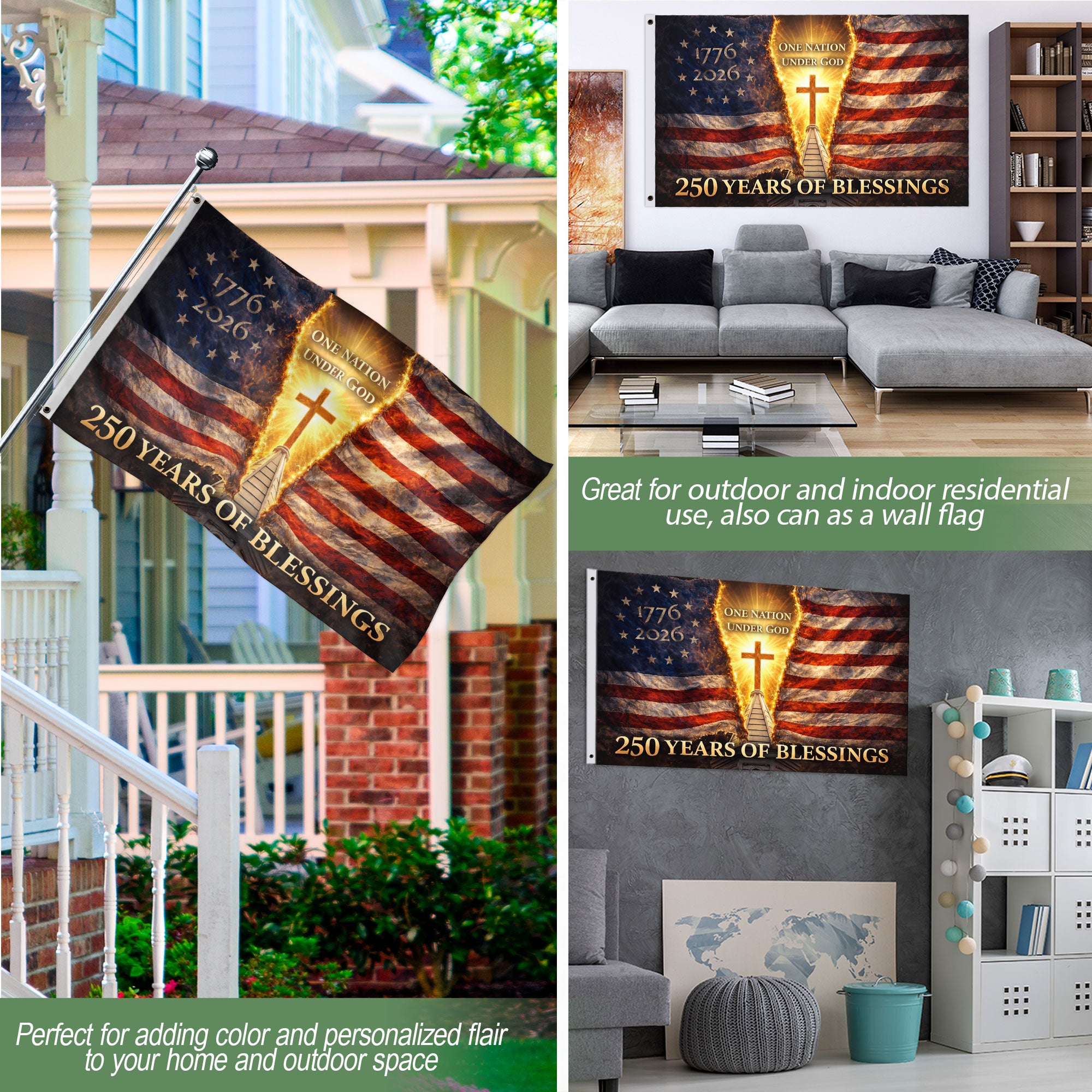 Flag 250 Years of Blessings 1776-2026 - One Nation Under God 250th Anniversary USA Christian Flag, Double Sided Premium House Flag