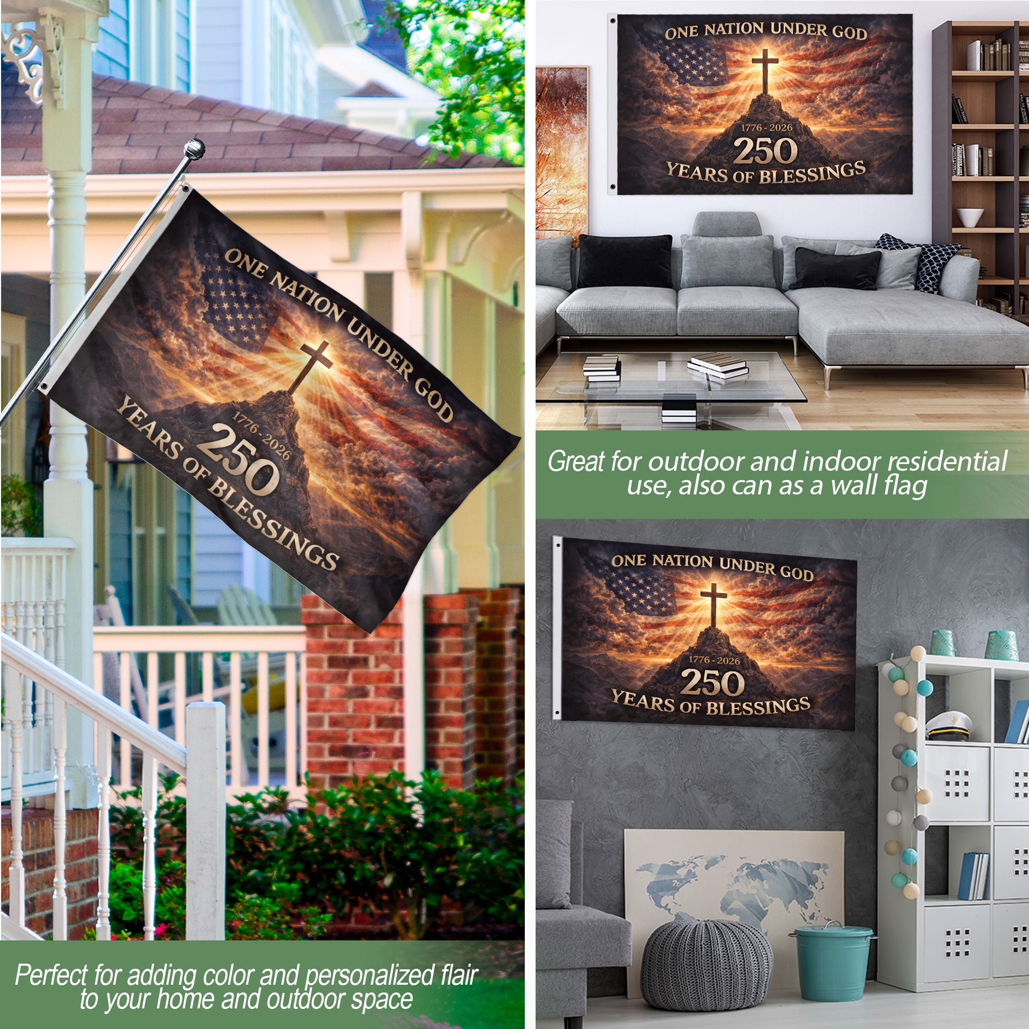 USA One Nation Under God 1776-2026 250th Anniversary Flag - Christian Patriotic 250 Years of Blessings Double-Sided House Flag