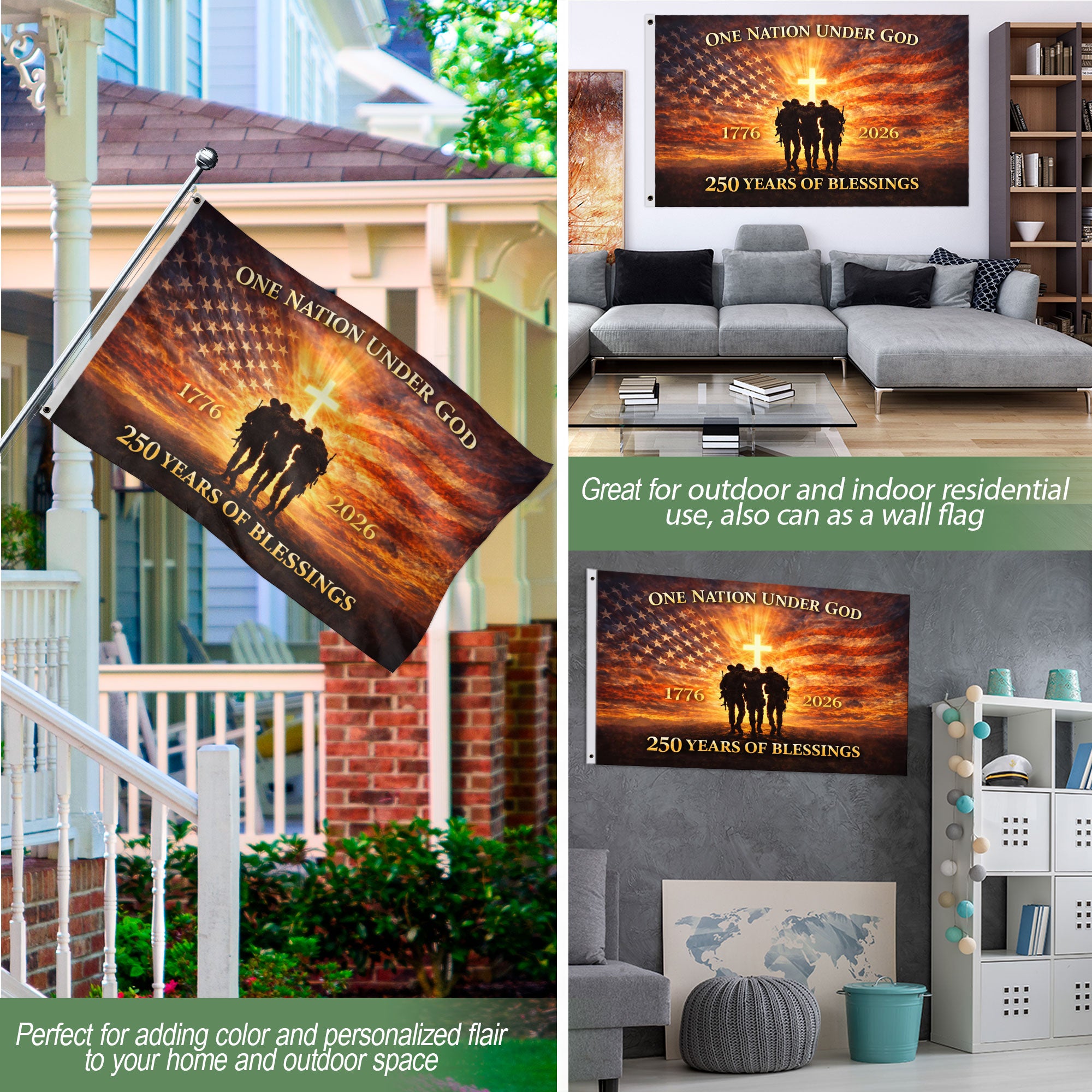 USA 250th Anniversary 1776-2026 Semiquincentennial Flag – One Nation Under God Patriotic Double Sided House Banner