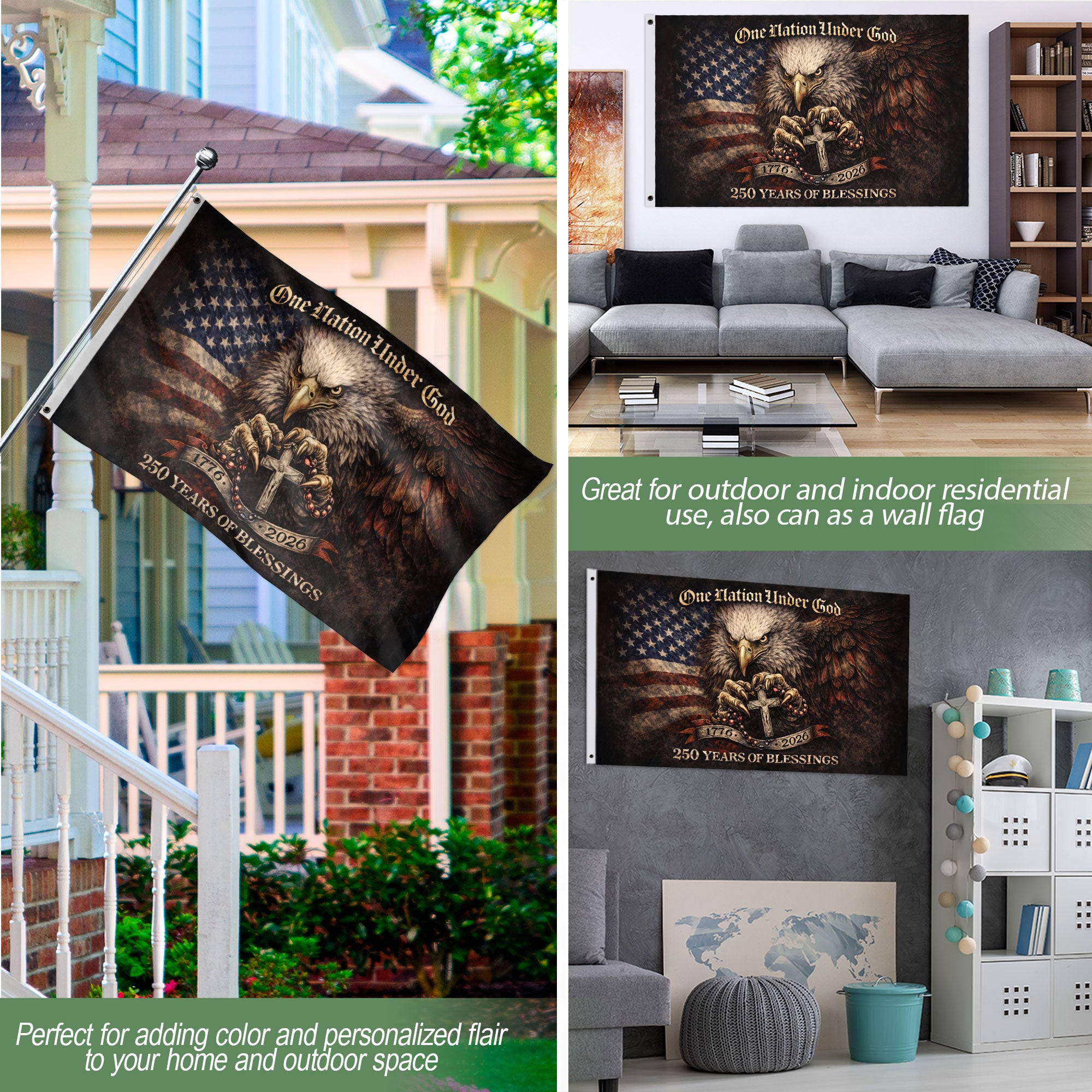 250 Years America Anniversary 1776-2026 Semiquincentennial Christian Flag – One Nation Under God 250 Years of Blessings Double Sided House Flag