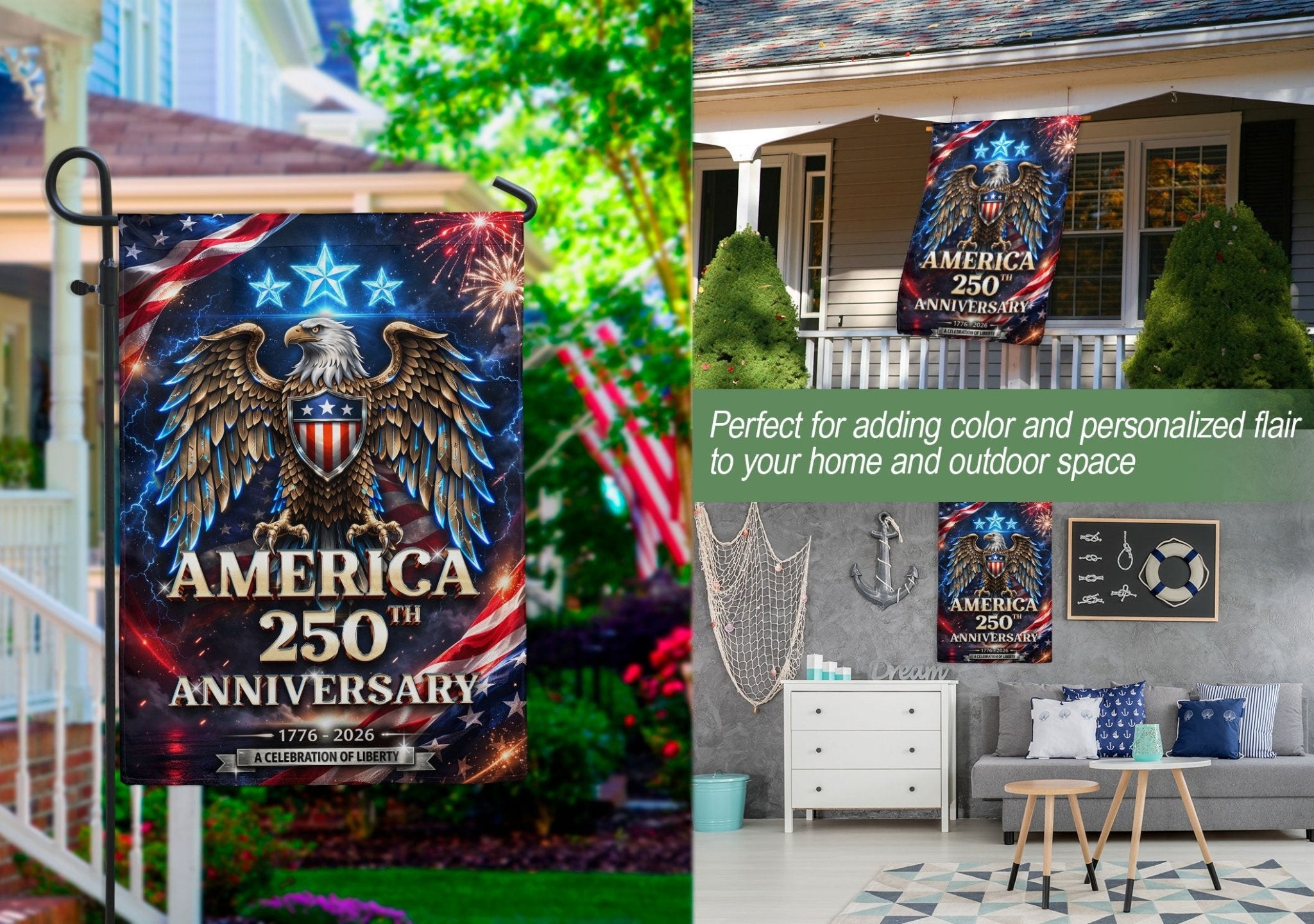 1776–2026 USA 250 Years House Flag – Bald Eagle & Fireworks Double Sided Patriotic Outdoor Banner - Rust Field Wear