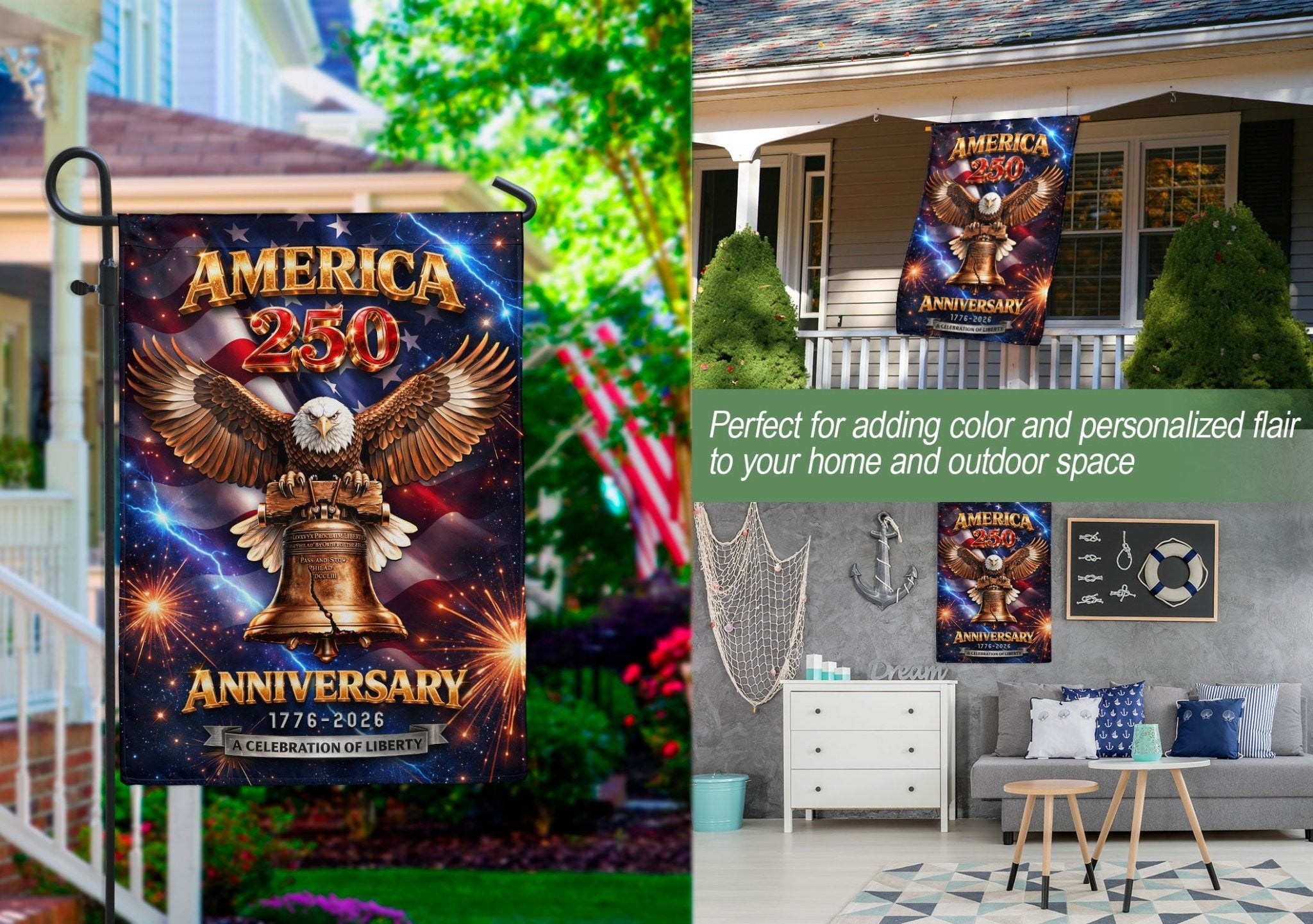 America 250th Anniversary 1776–2026 House Flag – Liberty Bell & Bald Eagle Lightning Fireworks Double Sided Outdoor Banner - Rust Field Wear