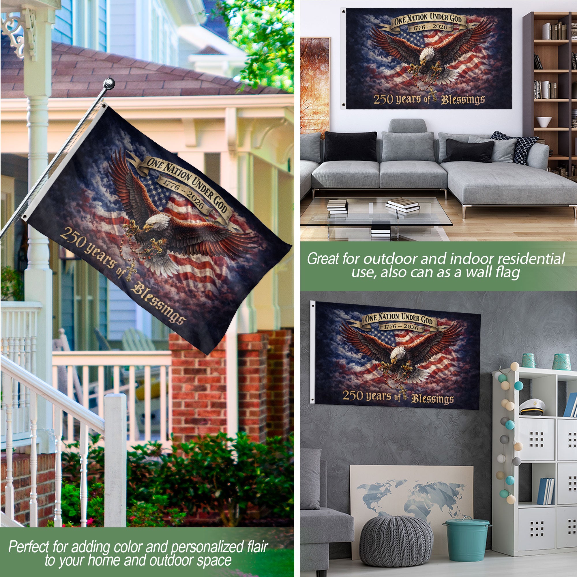 USA 250th Anniversary 1776-2026 Double Sided Flag – Flying Eagle 250 Years of Blessings One Nation Under God Decor