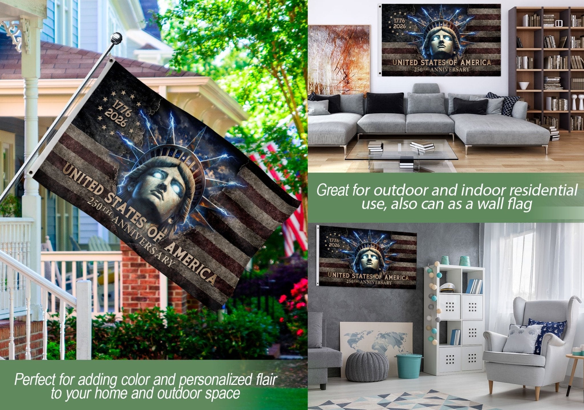 America 250th Anniversary Flag 1776-2026 – Lady Liberty Glowing Eyes Modern House Flag - Rust Field Wear