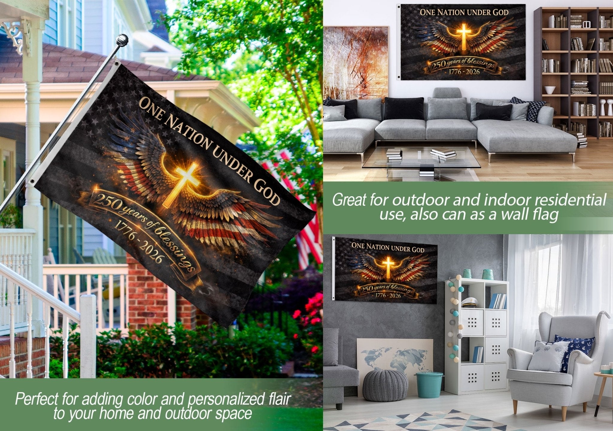 USA 250th Anniversary Cross Flag 1776–2026 – Glowing Cross & Angel Wings Double Sided Christian Banner - Rust Field Wear