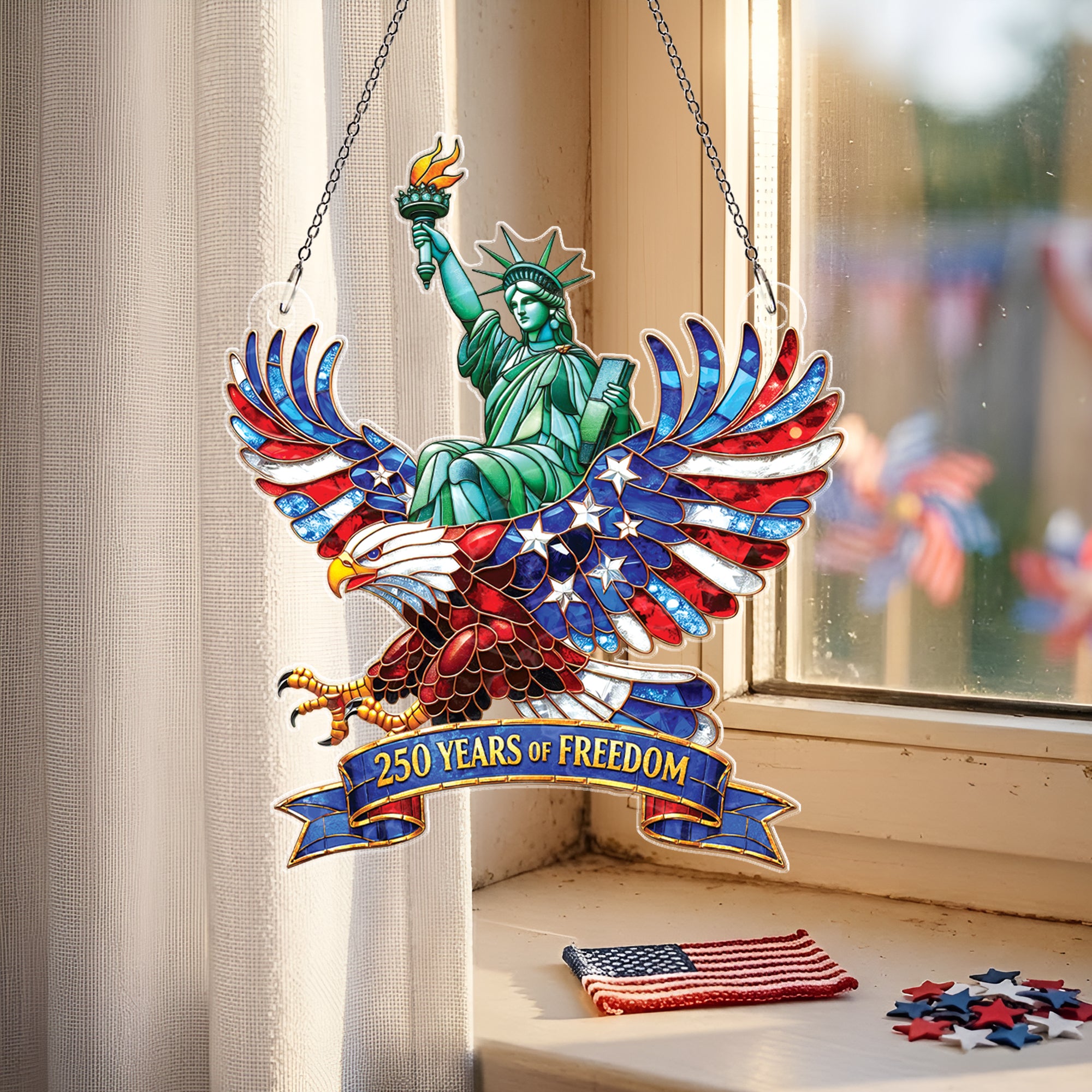 United States 250 Years of Freedom Liberty Eagle Stained Glass Style Acrylic Suncatcher Ornament