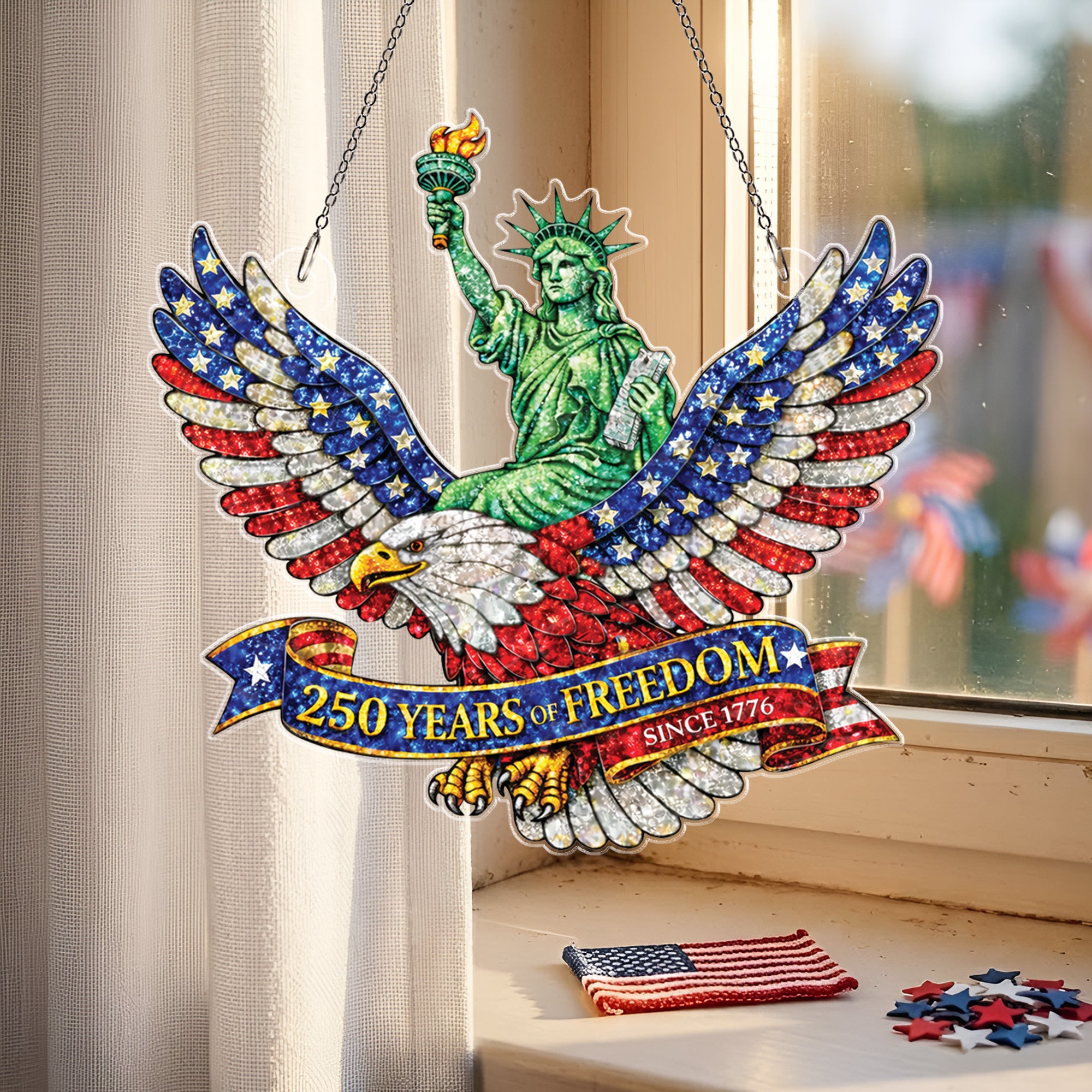 America 250th Anniversary Glitter Eagle Statue of Liberty Patriotic Acrylic Suncatcher Ornament