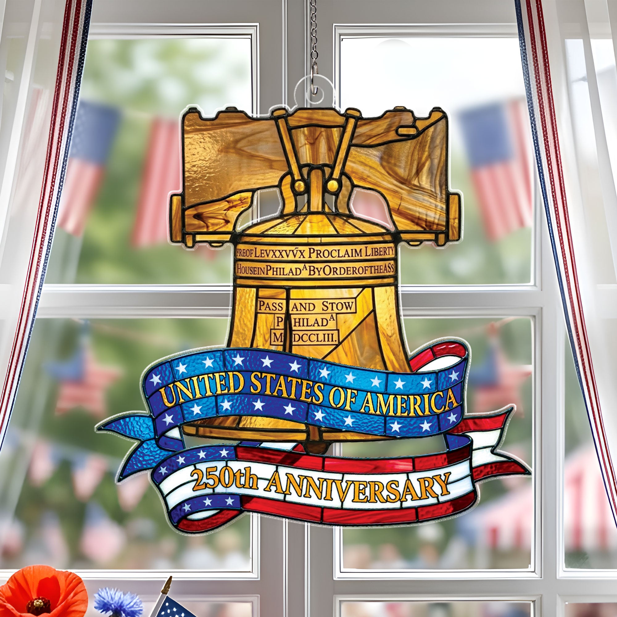 US 250th Anniversary Philadelphia Liberty Bell Heritage Stained Glass Acrylic Suncatcher Ornament