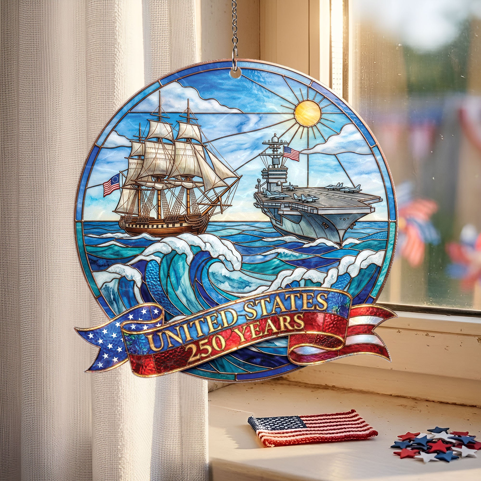 United States 250 Years Naval History Ship and Aircraft Carrier Acrylic Suncatcher Ornament