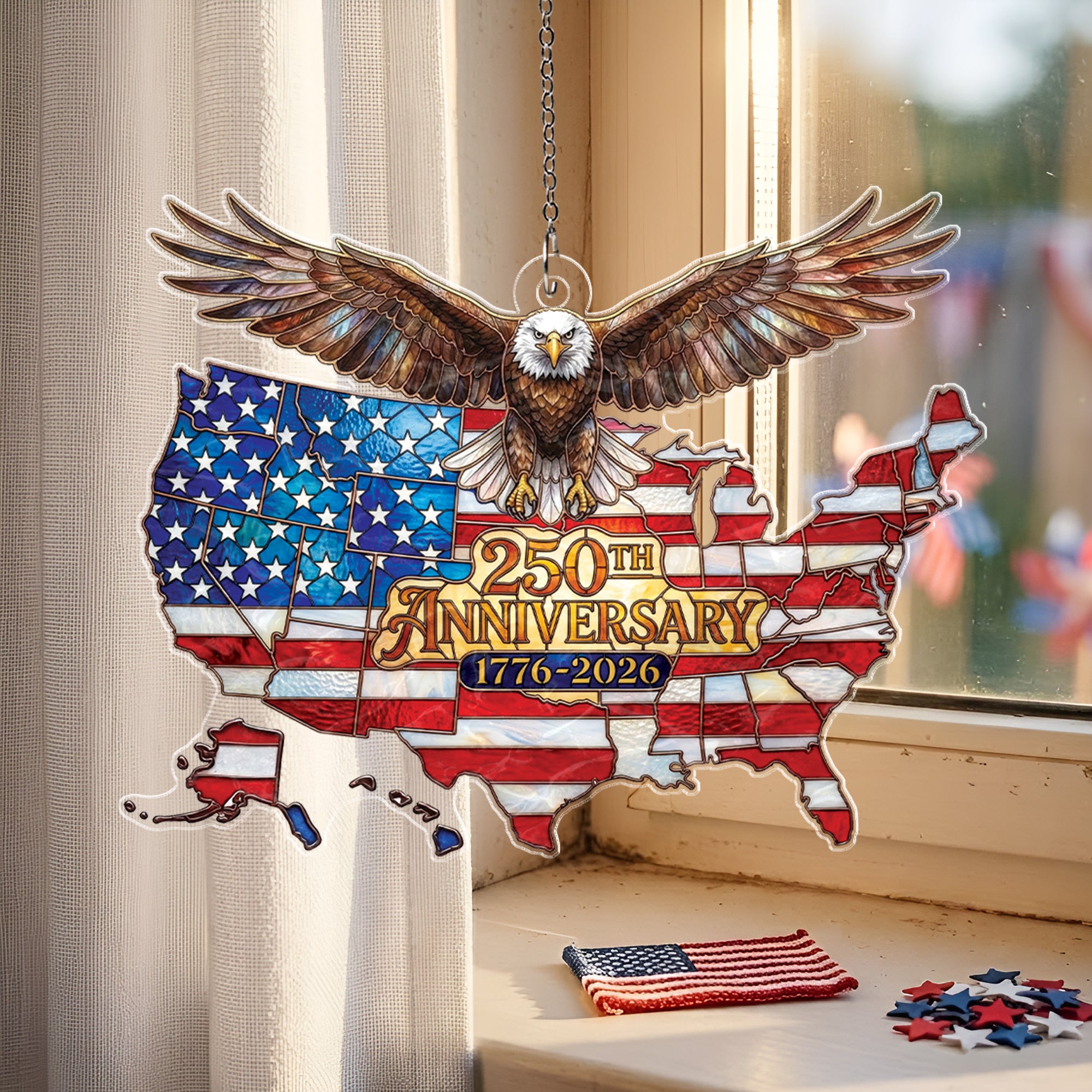 America 250th Anniversary 1776-2026 USA Map and Bald Eagle Acrylic Suncatcher Ornament