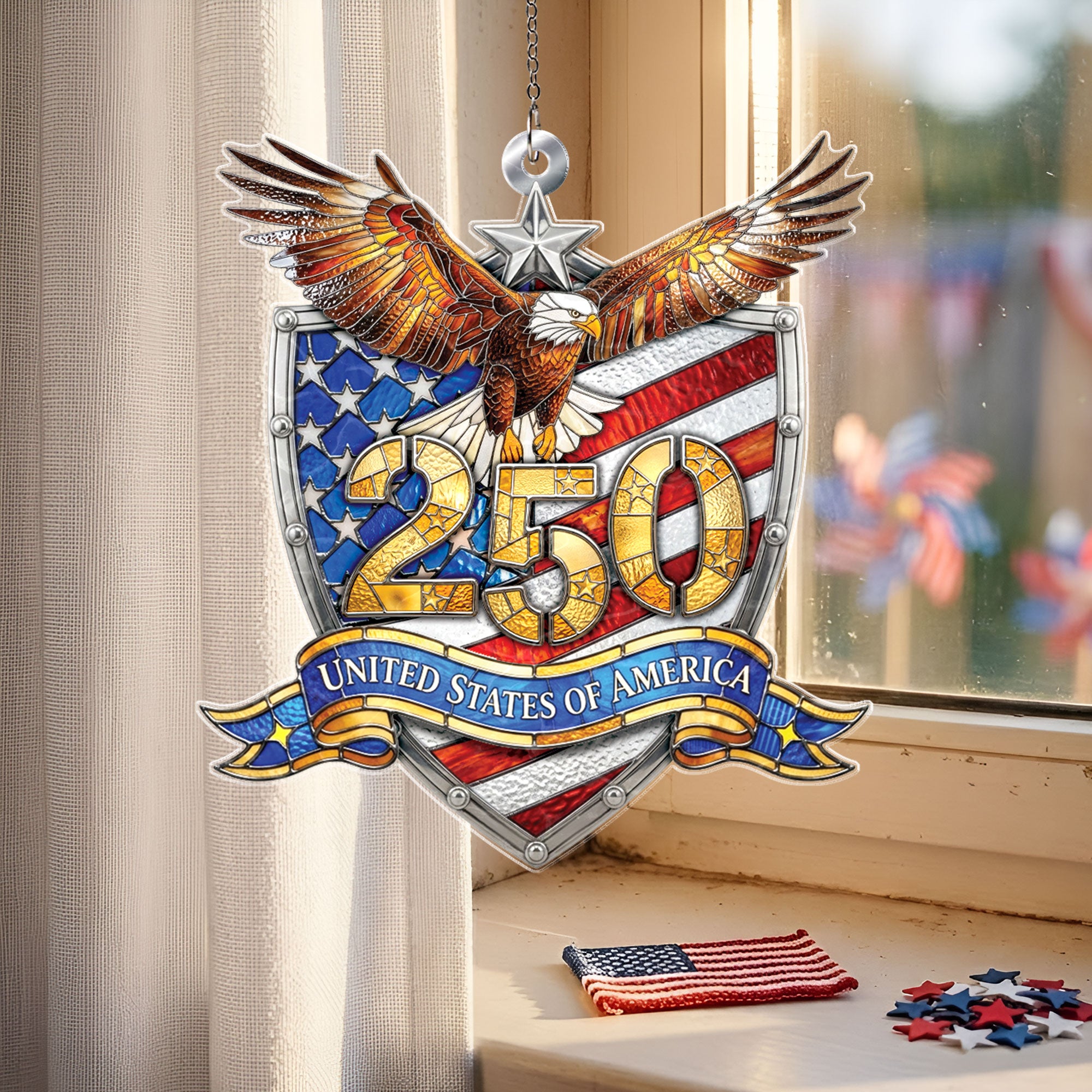 America 250th Anniversary Patriotic Eagle Shield USA Flag Acrylic Suncatcher Ornament