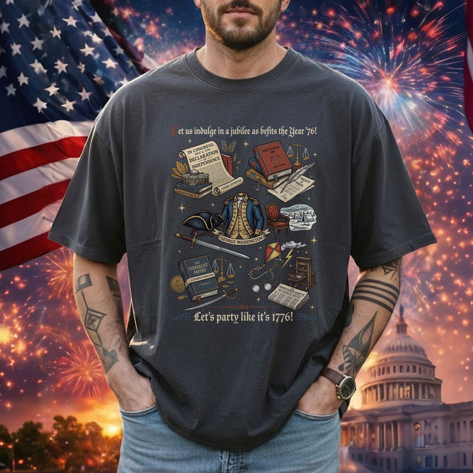 Vintage 1776 American Heritage Shirt Patriotic History Icons Independence Day