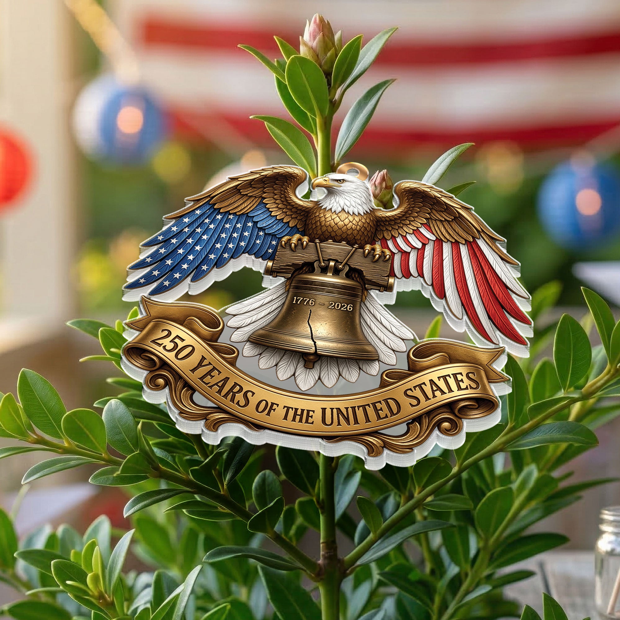 250 Years United States 1776-2026 Golden Ribbon Liberty Bell Eagle Acrylic Ornament