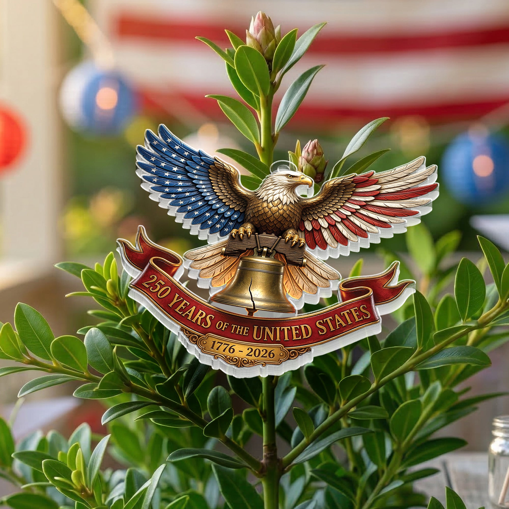 United States 250 Years 1776-2026 Patriotic Red Ribbon Liberty Bell Acrylic Ornament