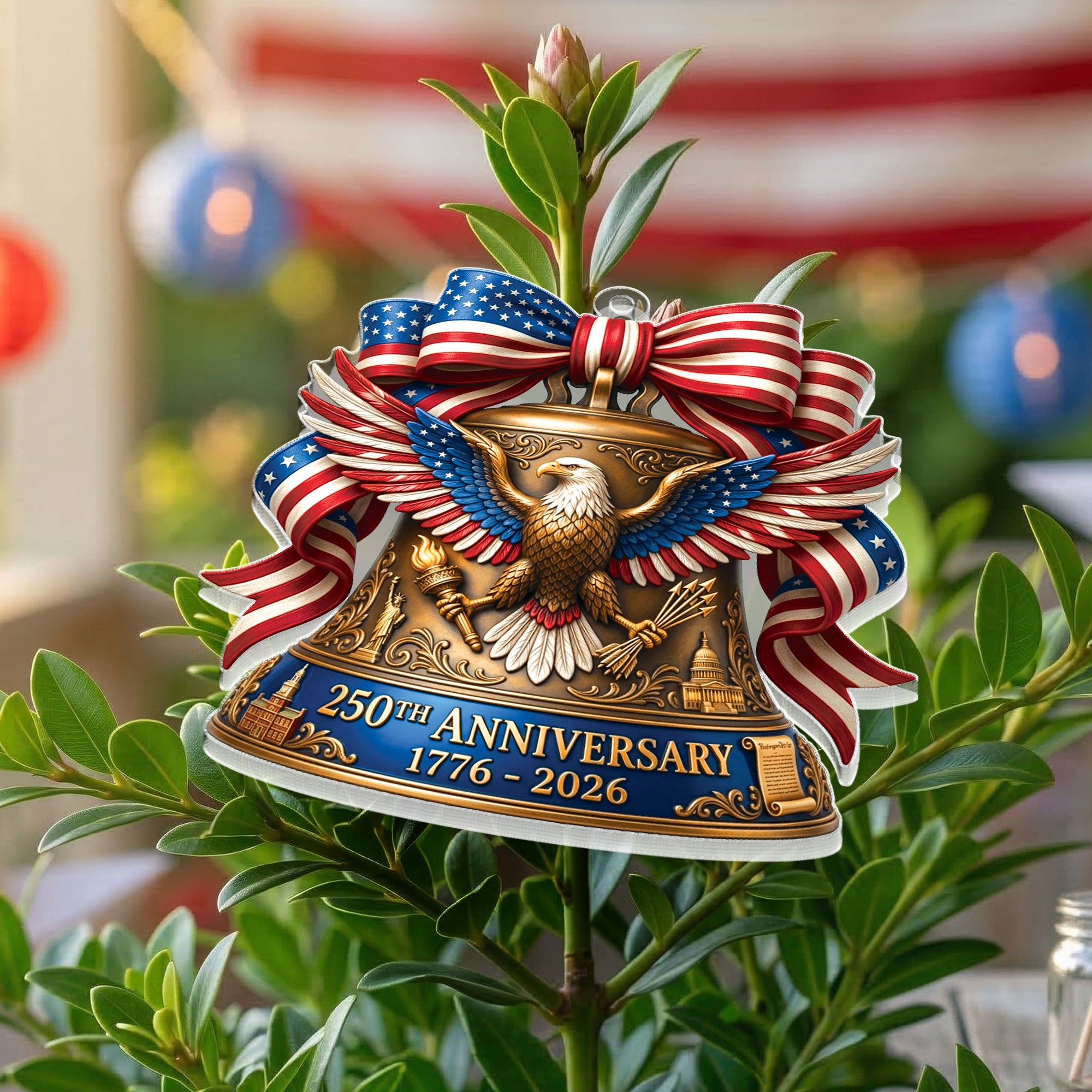 United States 250th Anniversary 1776-2026 Red White Blue Bow Acrylic Ornament Keepsake