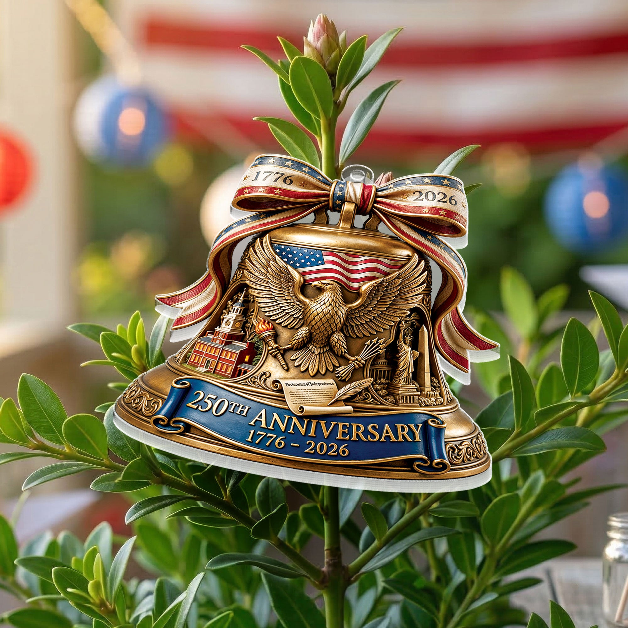 250th Anniversary 1776-2026 Liberty Bell Eagle Stars Bow Flat Acrylic Ornament Gift