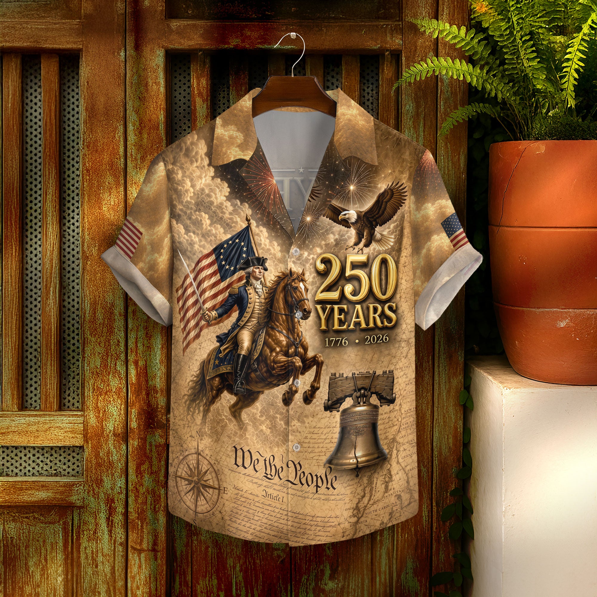 Hawaiian Shirt Patriotic 1776-2026 George Washington US Flag Liberty Bell