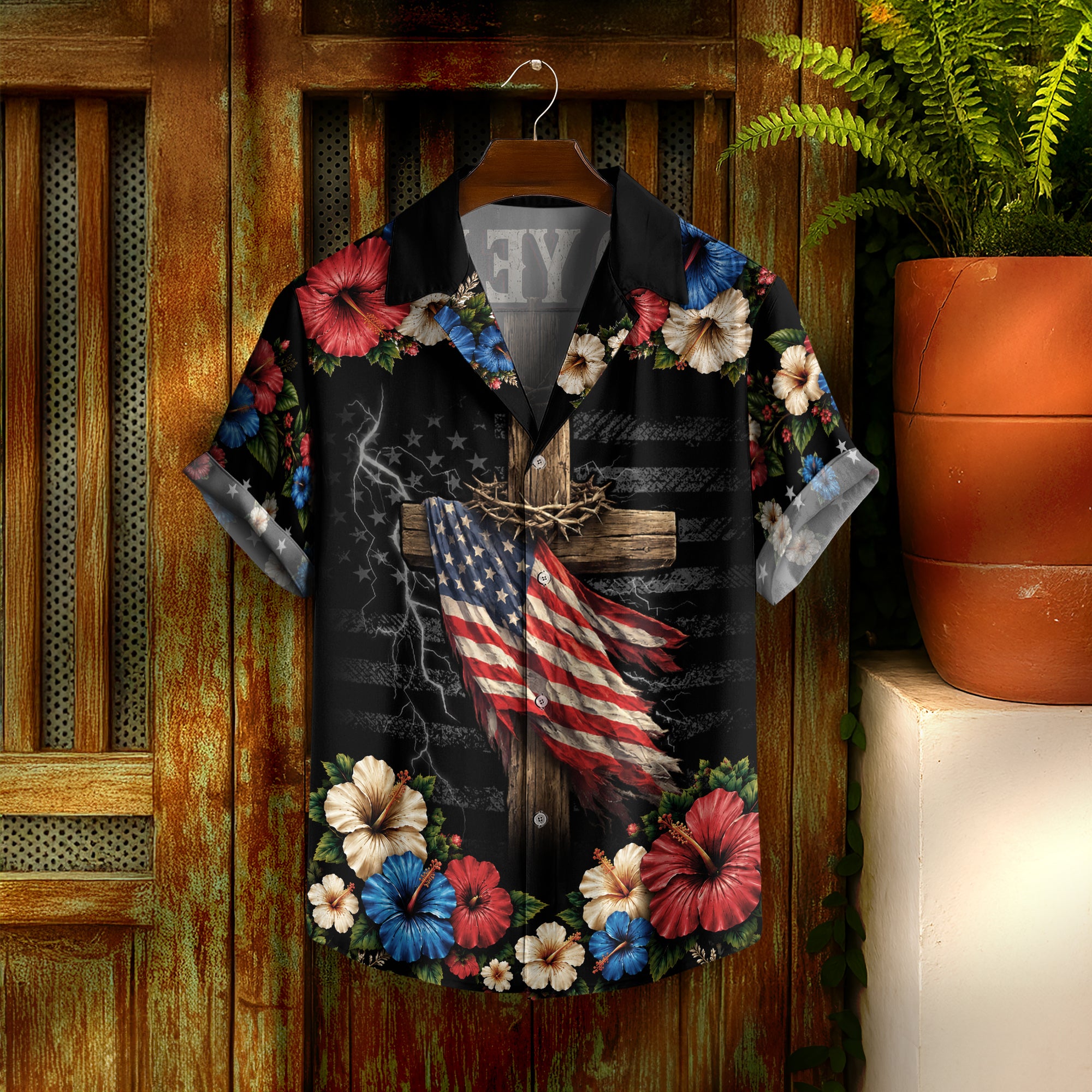 Hawaiian Shirt Christian Under God Cross US Flag 1776 2026 Patriotic Floral