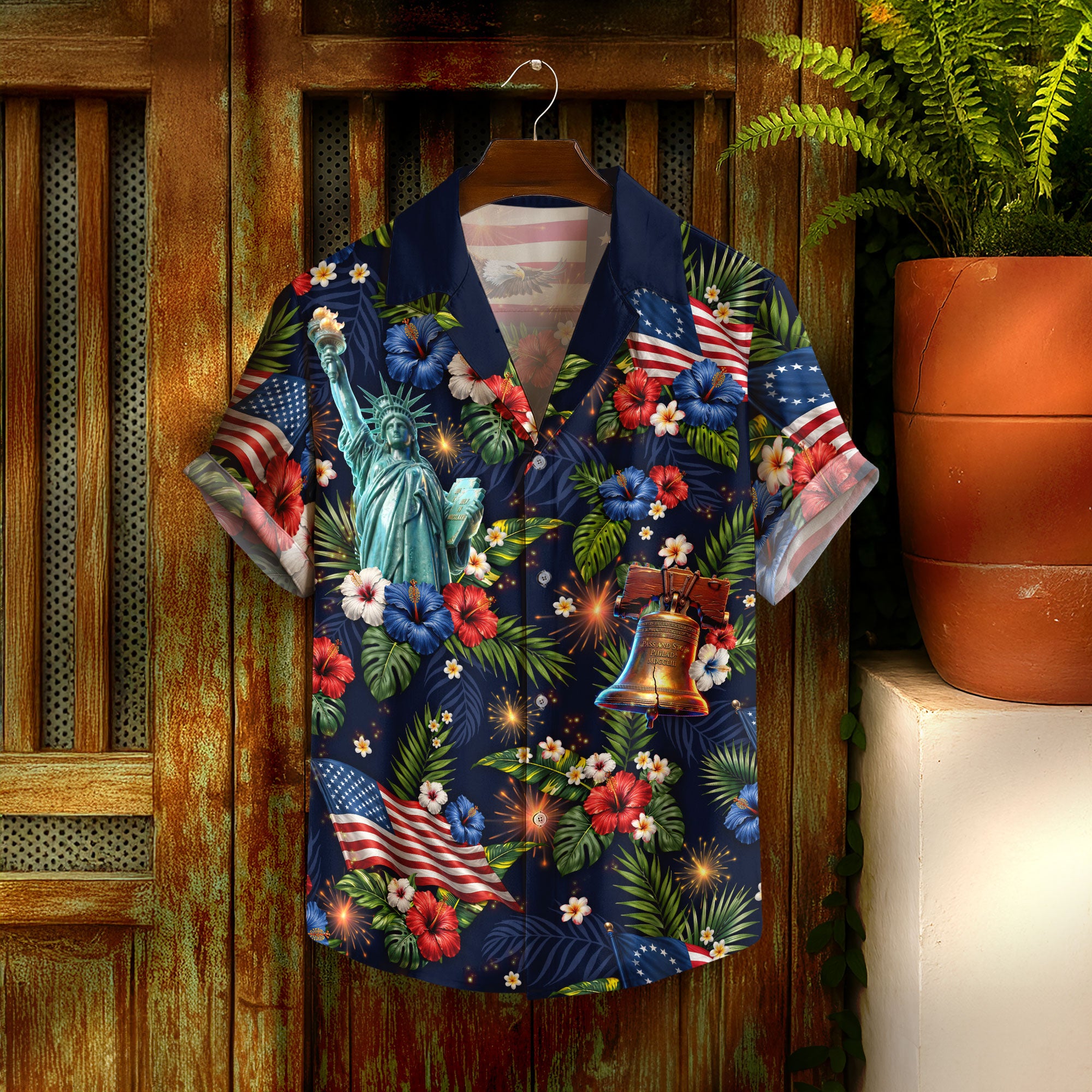 Hawaiian Shirt Patriotic US Flag Hibiscus Floral Eagle Liberty Bell Independence Day