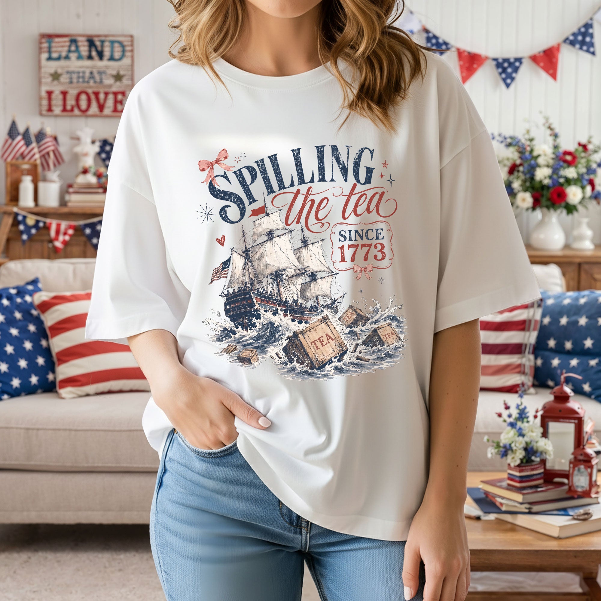 Spilling The Tea Since 1773 Shirt Cute Coquette Bow Graphic Tee Boston Tea Party Top