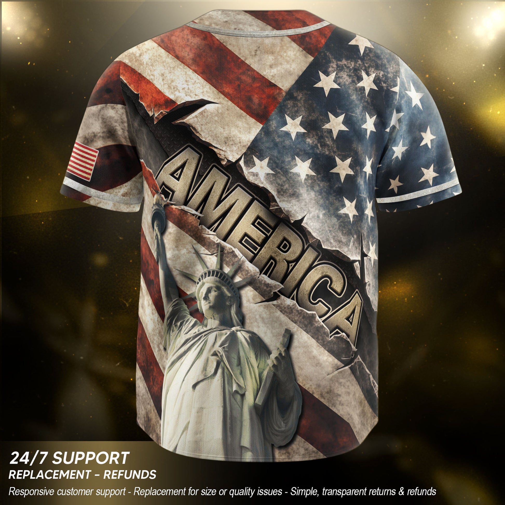 America Baseball Jersey 250 Years 1776-2026 Ripped Flag Patriotic Statue Of Liberty - Rust Field Wear