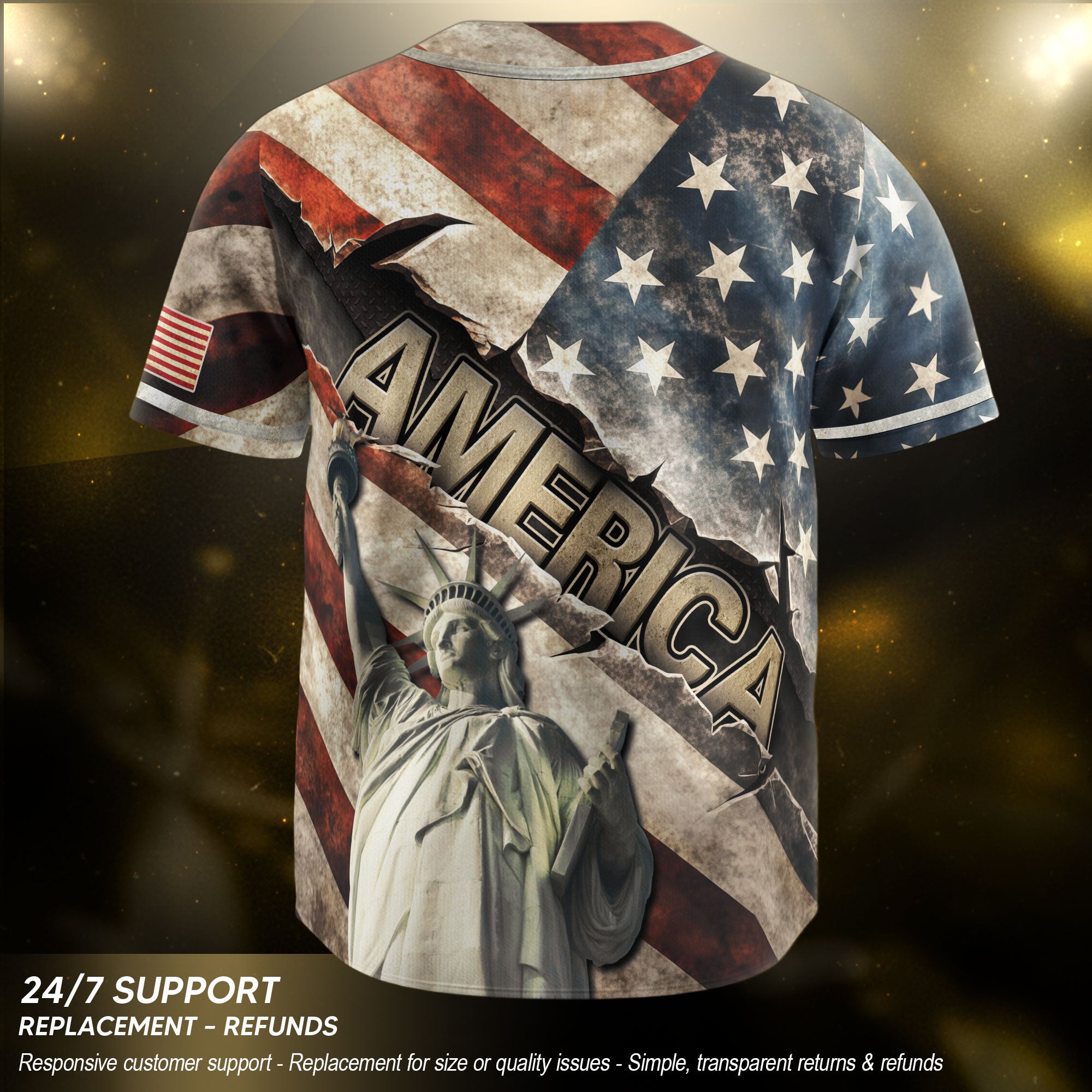 America Baseball Jersey 250 Years 1776-2026 Ripped Flag Patriotic Statue Of Liberty - Rust Field Wear