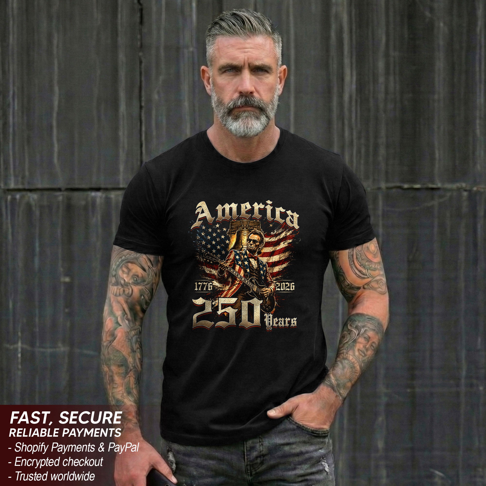 Lincoln Rock Guitar Patriotic T-Shirt - Vintage 1776 2026 Liberty Bell Graphic Tee