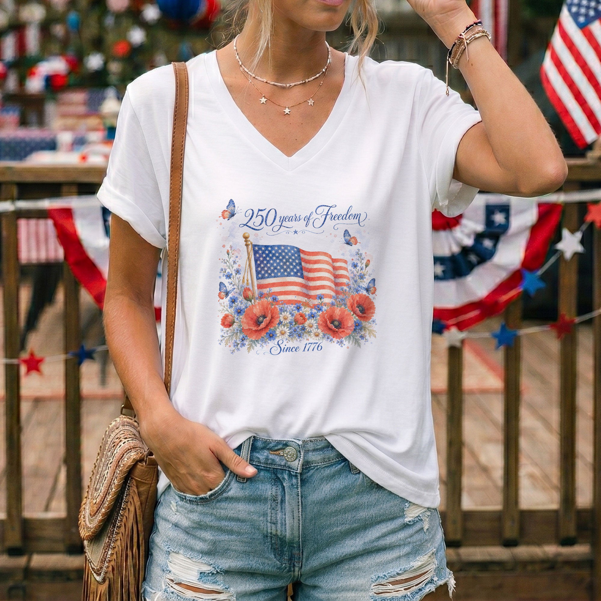 American Flag Floral V-Neck Shirt - 250 Years of Freedom Patriotic Graphic Tee Women