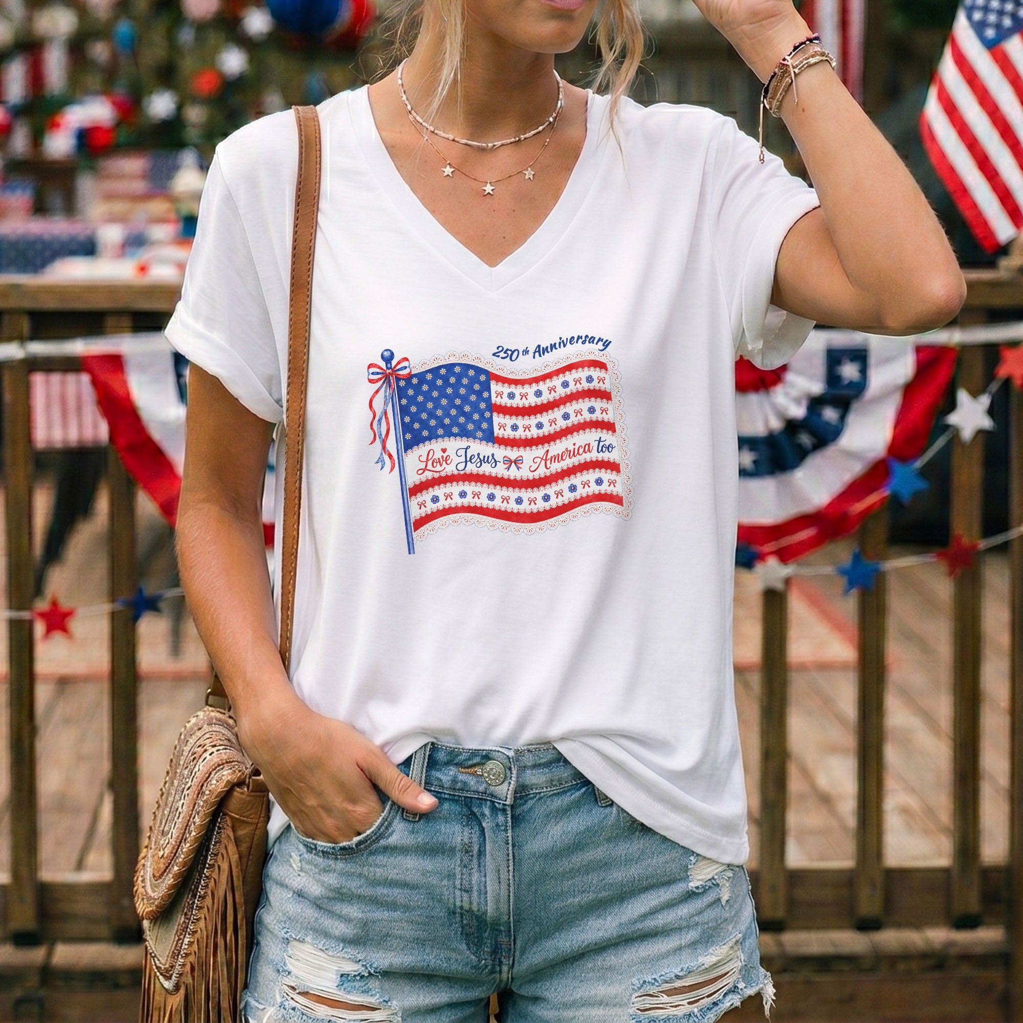 Love Jesus and America Too V-Neck Shirt - 250th Anniversary Patriotic Graphic Tee Women