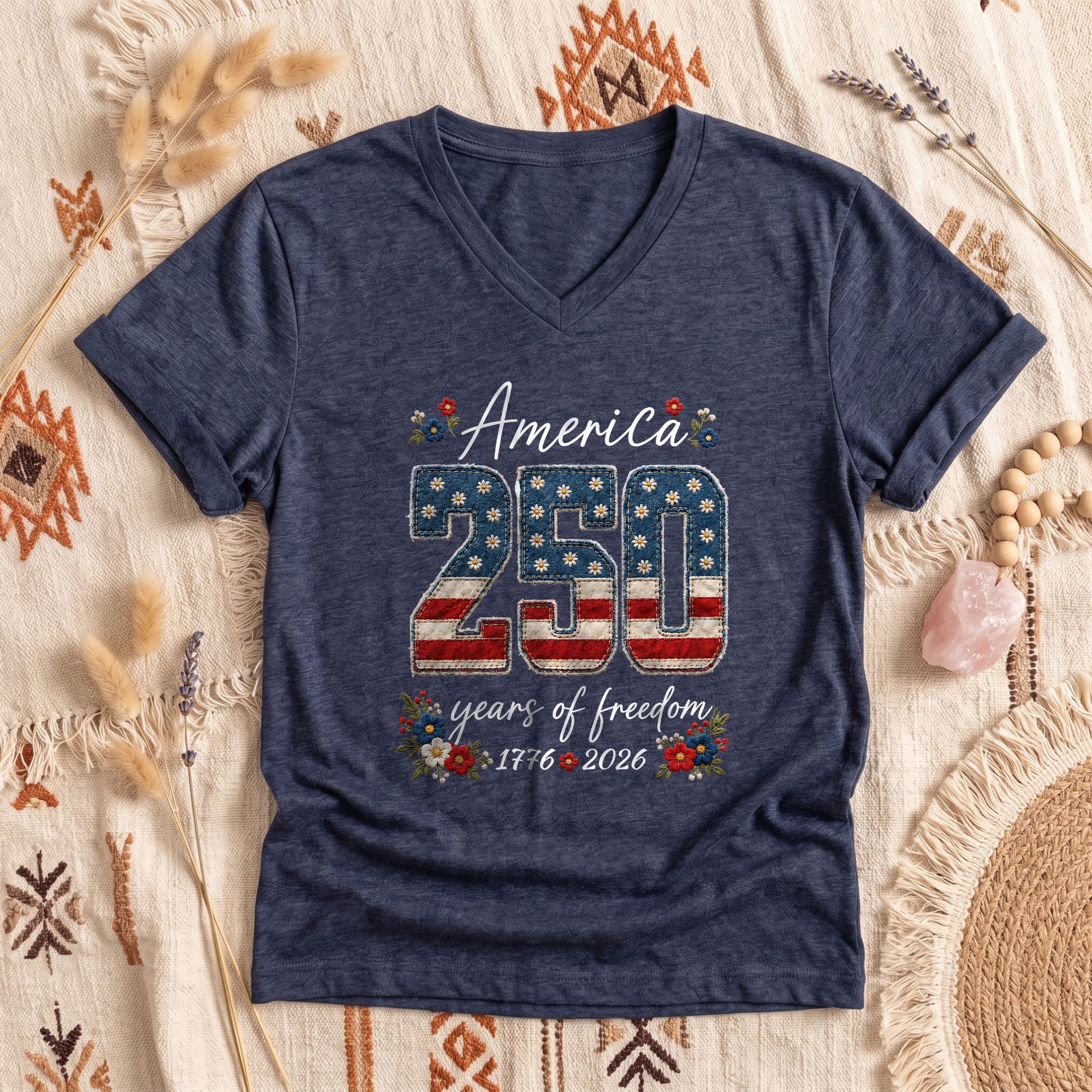 V-Neck 250 Years of Freedom Shirt - Patriotic 1776-2026 American Graphic Tee Women