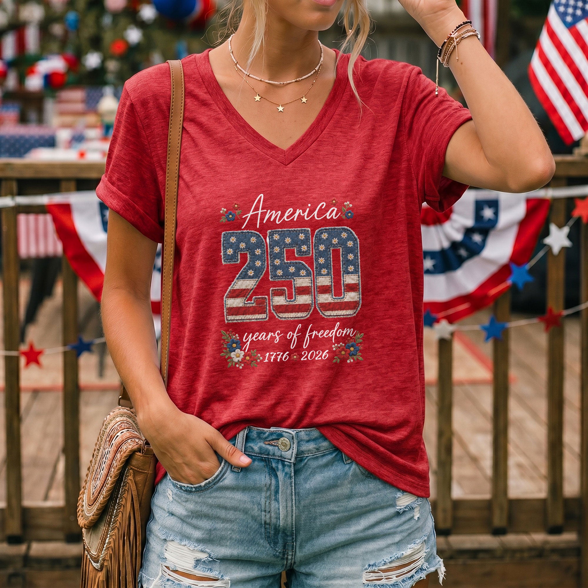 V-Neck 250 Years of Freedom Shirt - Patriotic 1776-2026 American Graphic Tee Women