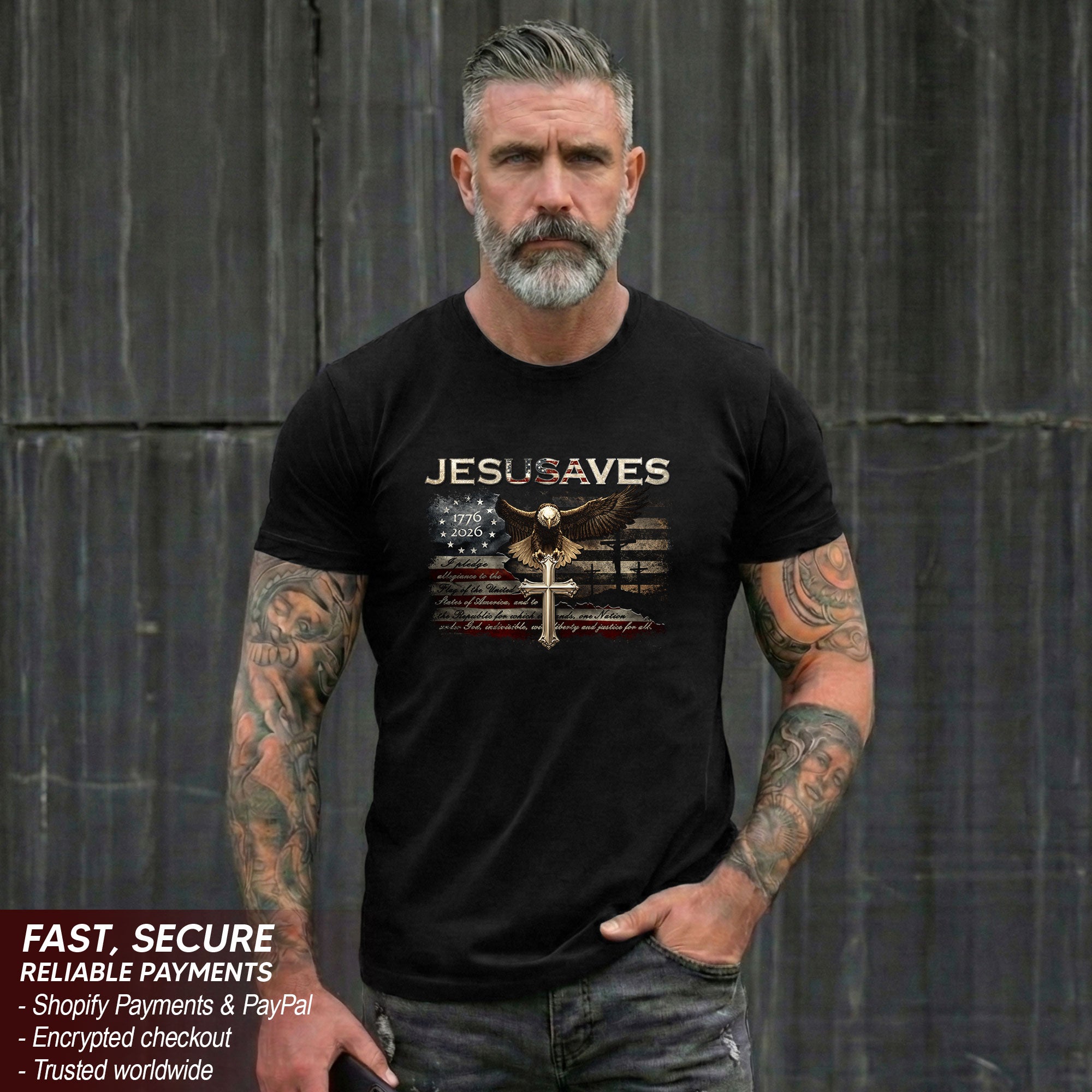 JESUSAVES Graphic T Shirt Patriotic American Eagle Cross Religious Faith Apparel