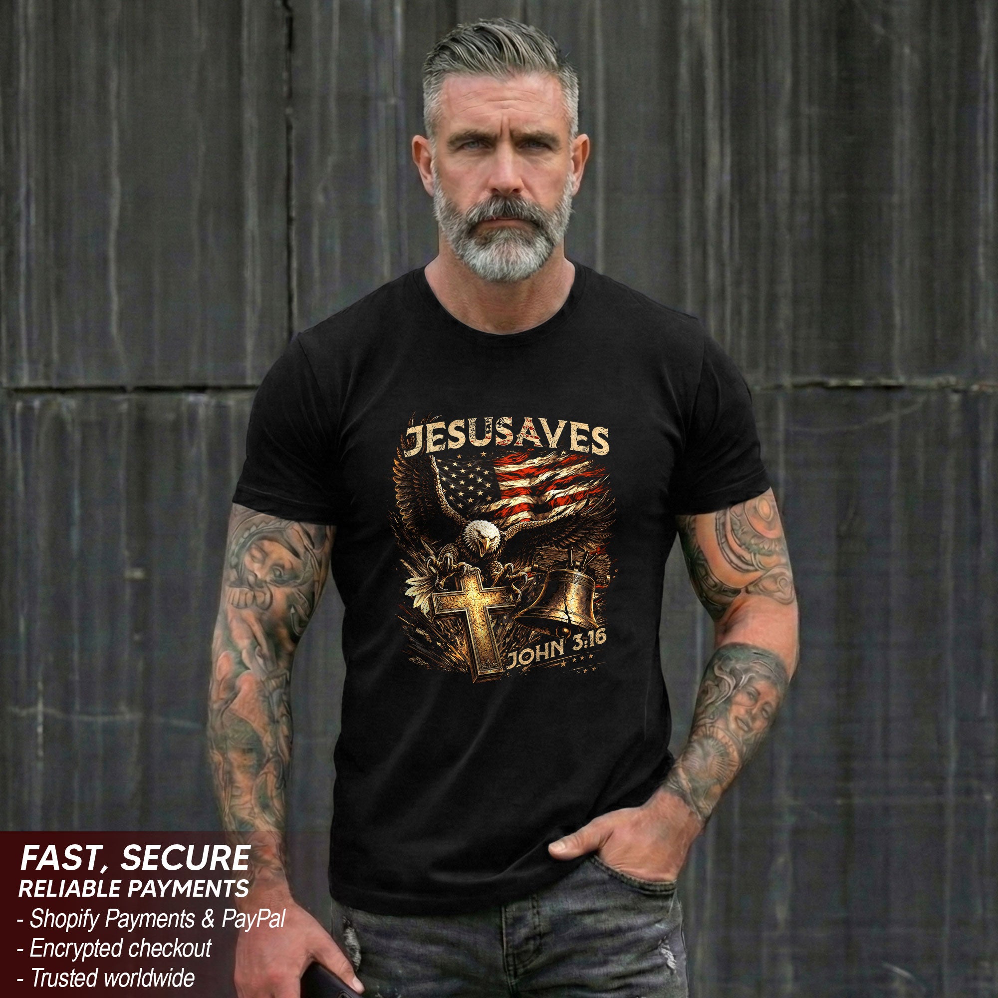 JESUSAVES John 3 16 Patriotic Graphic T Shirt American Eagle Cross Liberty Bell Tee