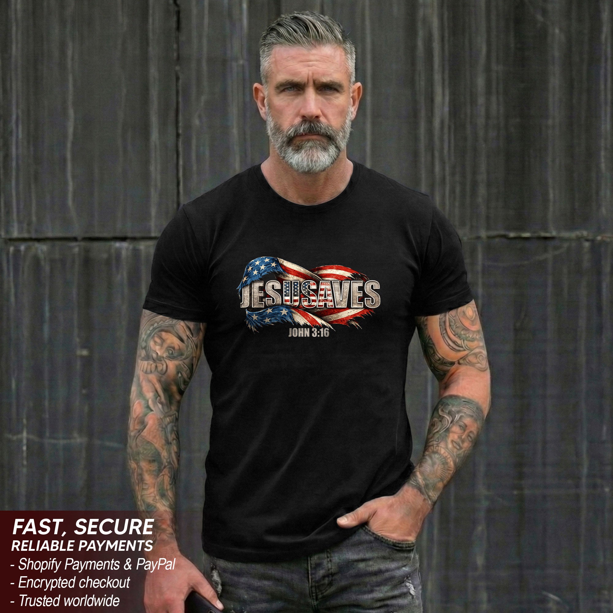 Distressed Flag JESUSAVES Graphic T Shirt John 3 16 Spiritual Patriotic Cotton Top