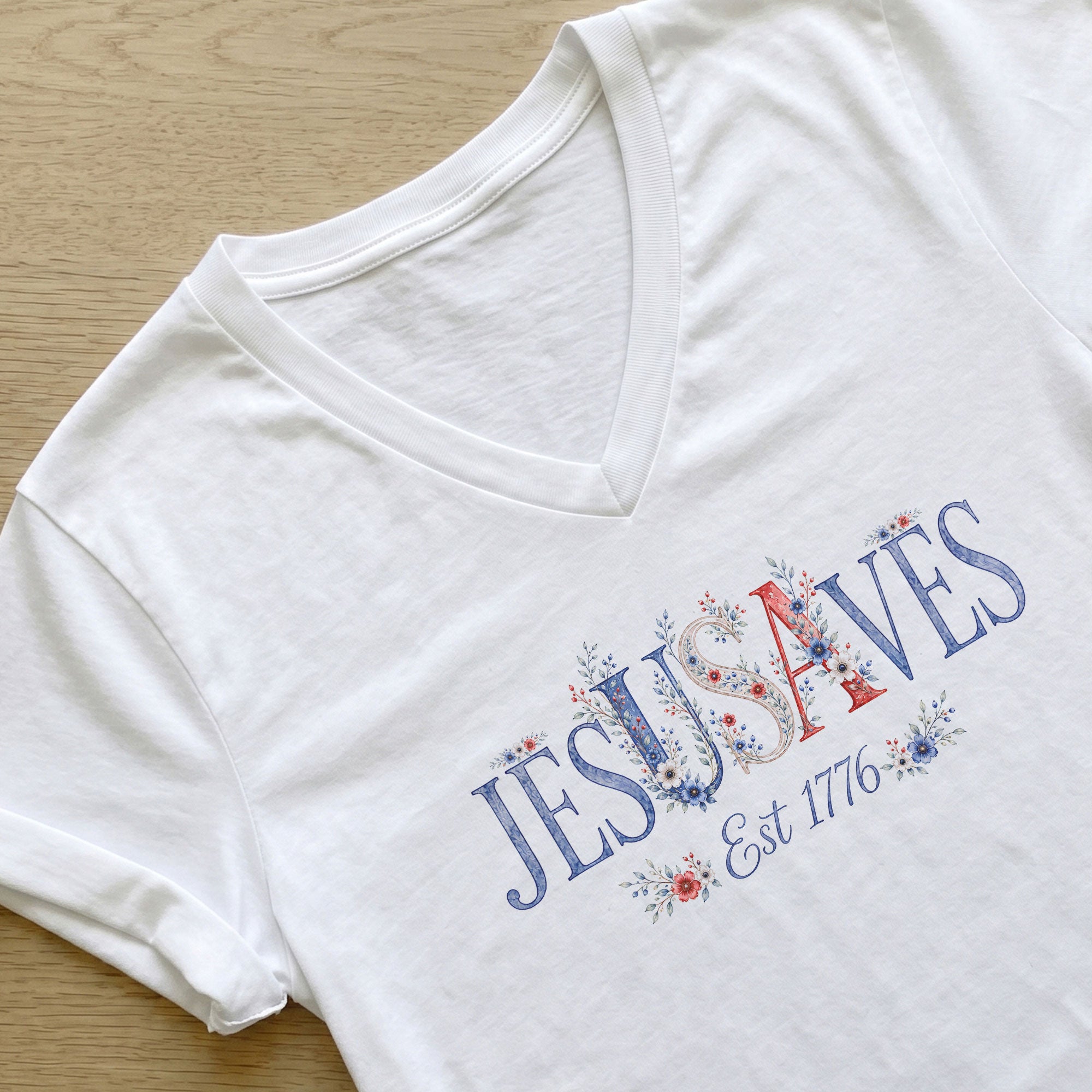 Floral Jesus Saves V-Neck Tee - Patriotic "Est 1776" Christian Faith Graphic Cotton Shirt