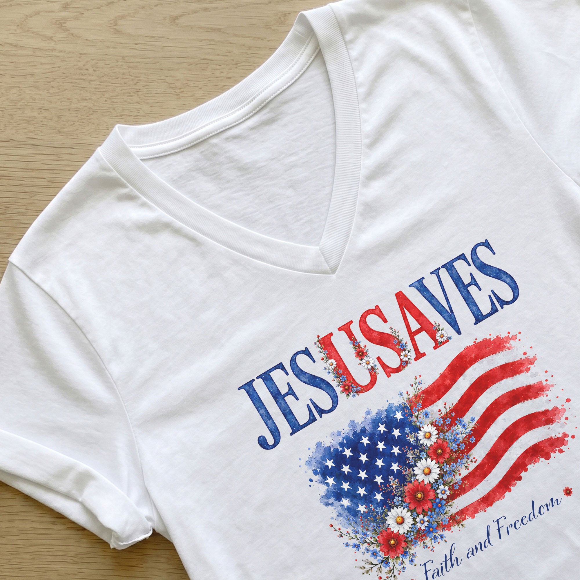 Floral Jesus Saves V-Neck Tee - Patriotic "Est 1776" Christian Faith Graphic Cotton Shirt