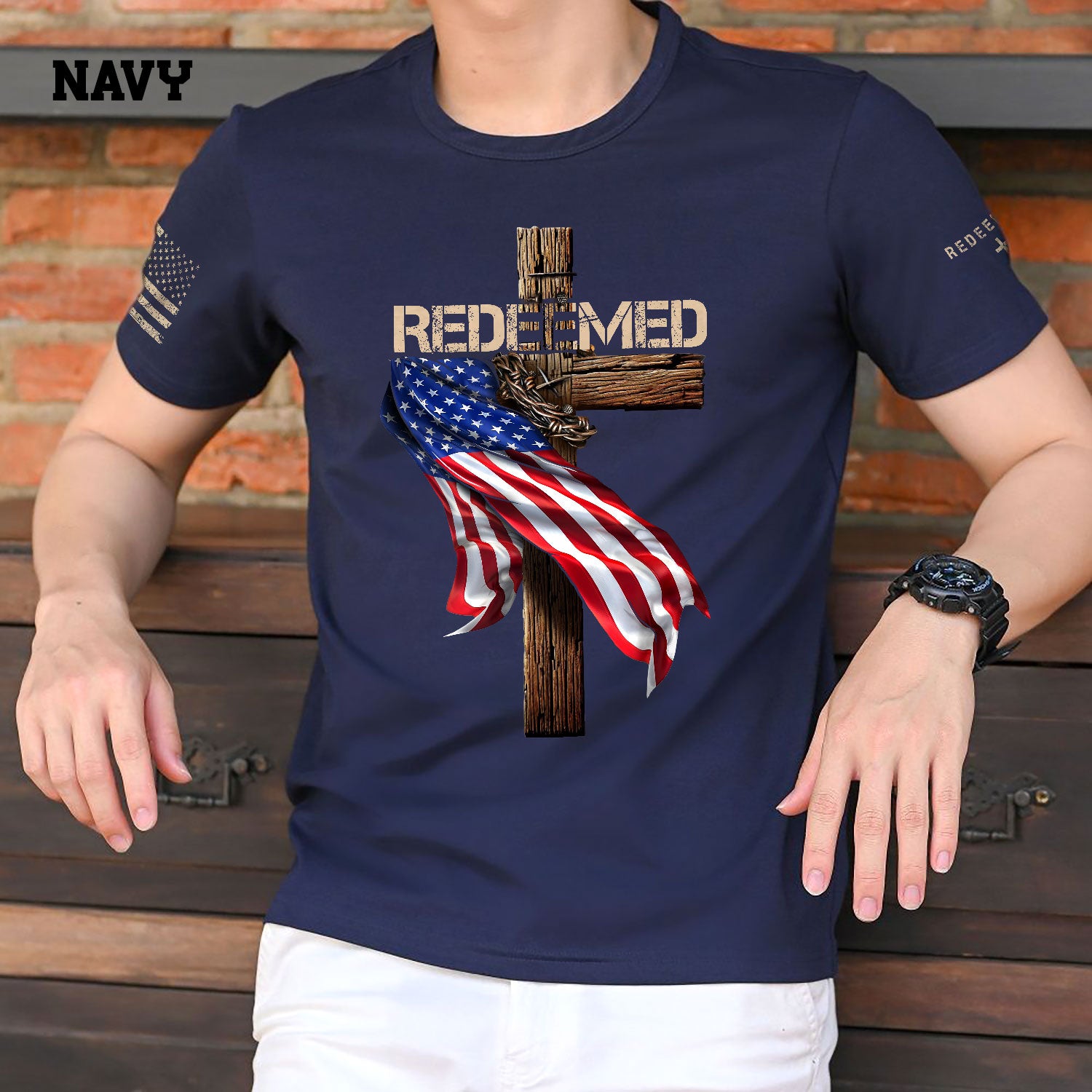 Redeemed by Christ T-Shirt – American Flag Cross