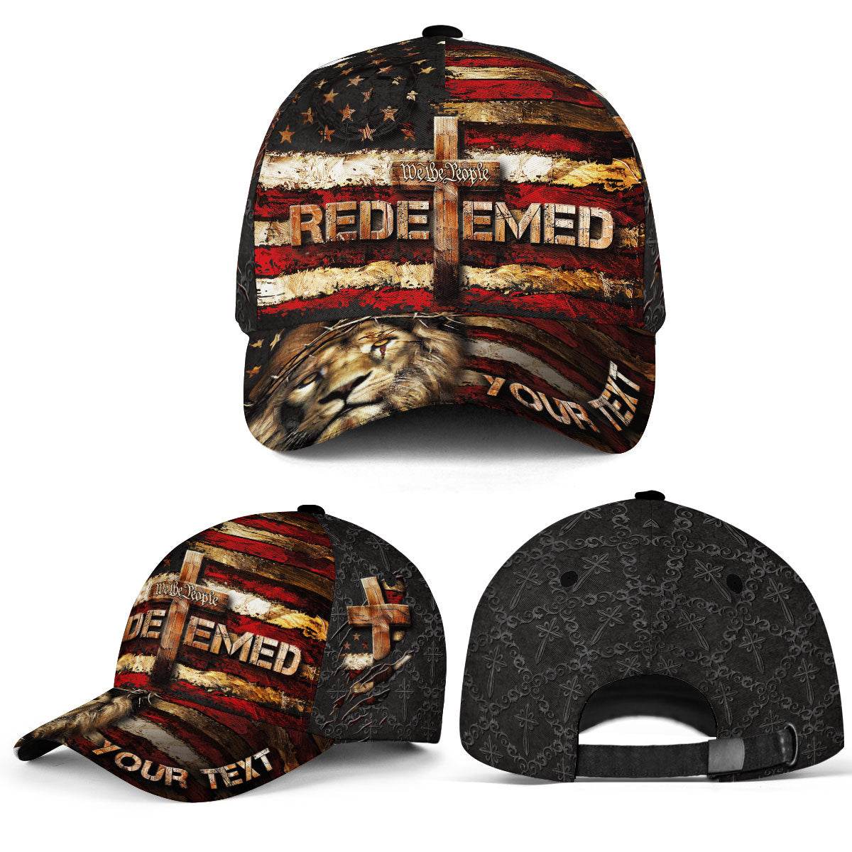 REDEEMED Custom American Flag Christian Cap – Lion of Judah & Cross Design - Rust Field Wear