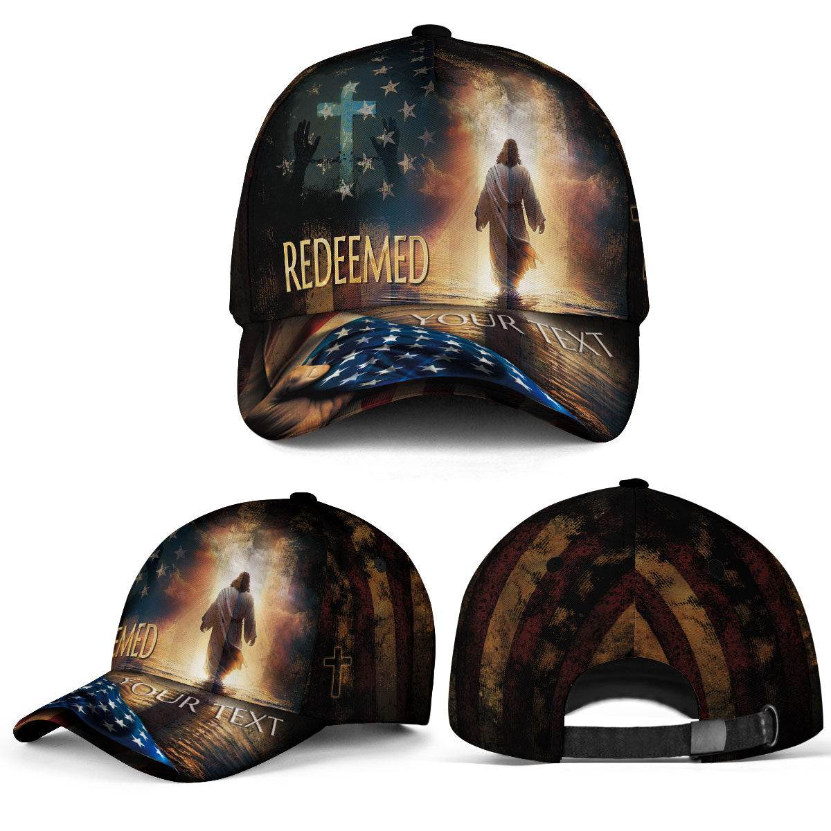 Redeemed in His Light – Christian Jesus Cross Custom Cap with American Flag - Rust Field Wear